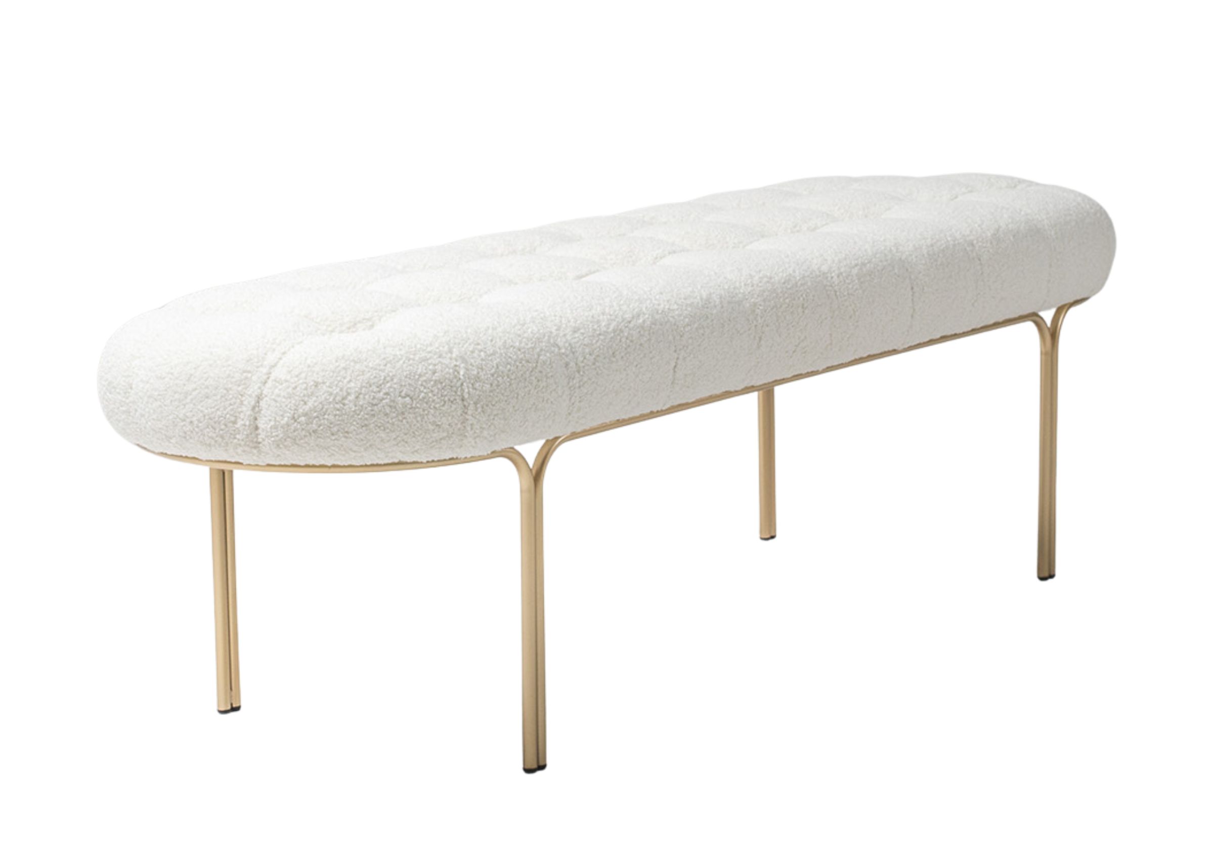 Recamier Liane de luxo com base em inox dourado e revestimento em bouclé branco, design elegante e sofisticado, ideal para compor quartos modernos.