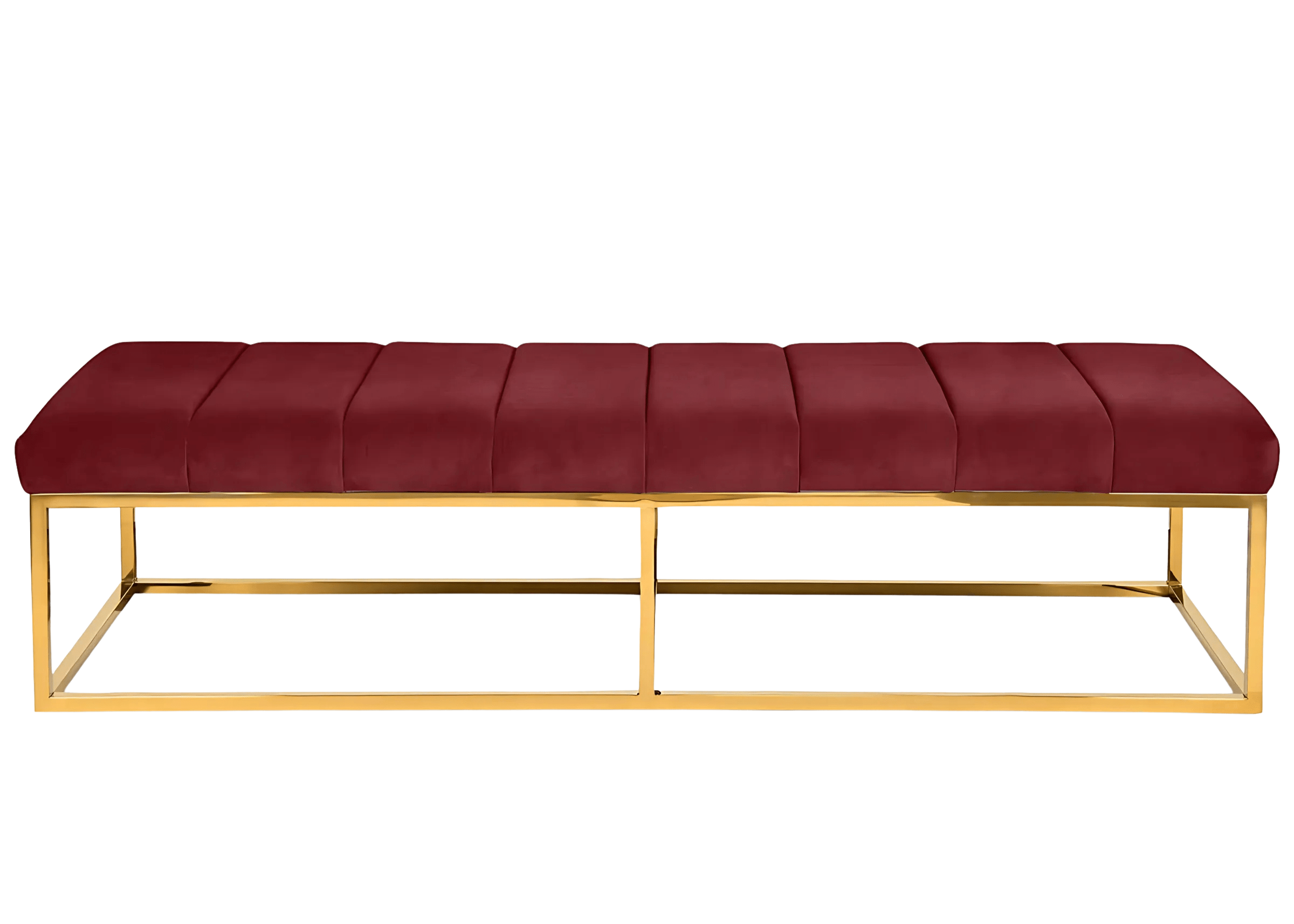 Recamier Angel em veludo vermelho com base em inox dourado. Peça luxuosa e marcante para ambientes sofisticados e elegantes.
