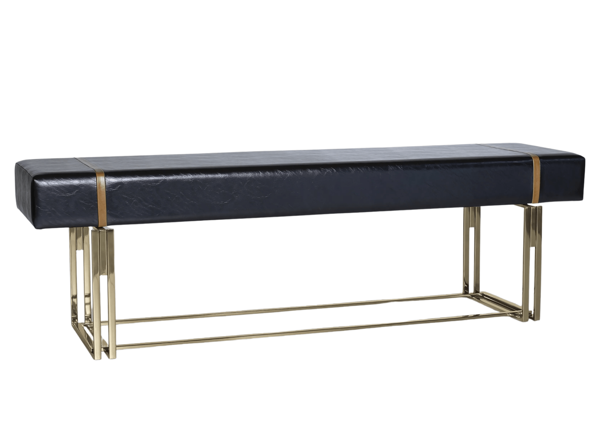 Recamier Martim visto de frente com estofado preto e estrutura em aço inox dourado contemporâneo.