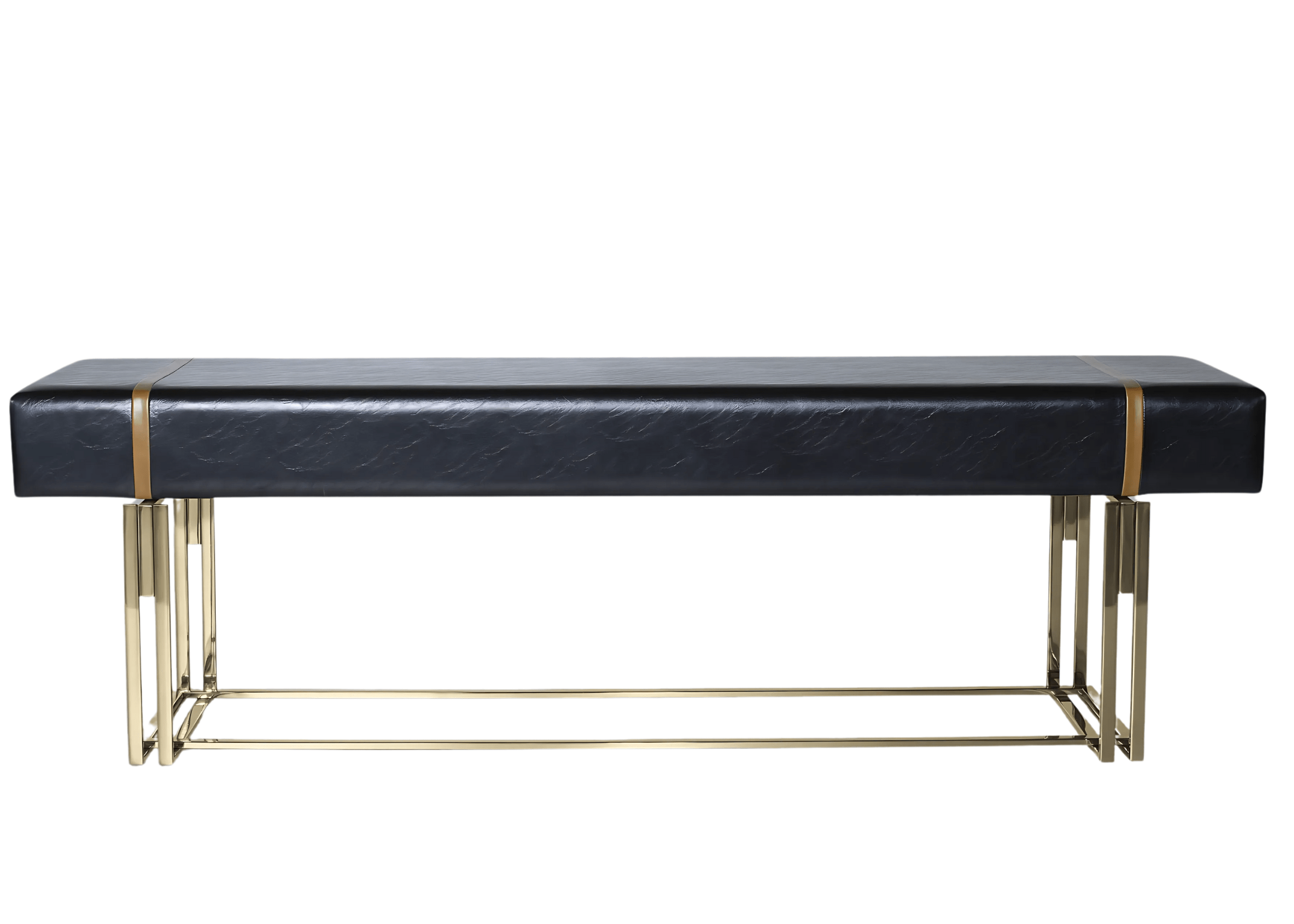 Recamier Martim estofado em couro sintético preto com base em aço inox dourado moderno e elegante.