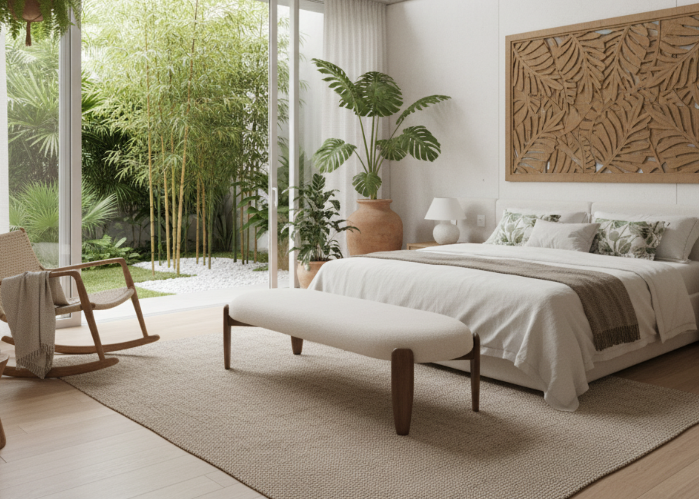 Recamier modelo Dunas, com base em madeira e assento estofado, ideal para complementar quartos com estilo contemporâneo.