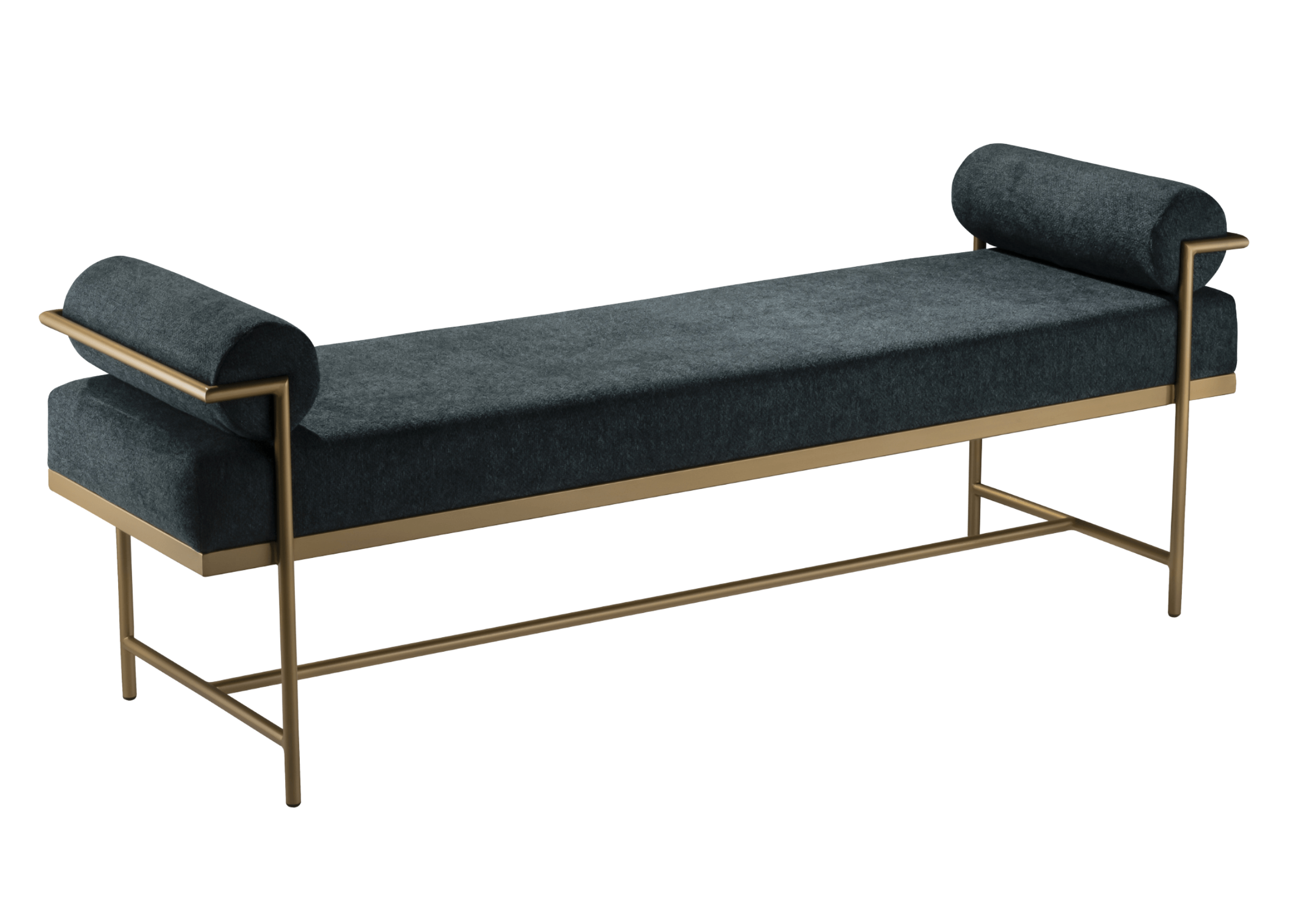 Recamier modelo Vegas com design luxuoso e base em inox dourado. Estofado elegante, ideal para ambientes refinados, apresentado sobre fundo neutro.