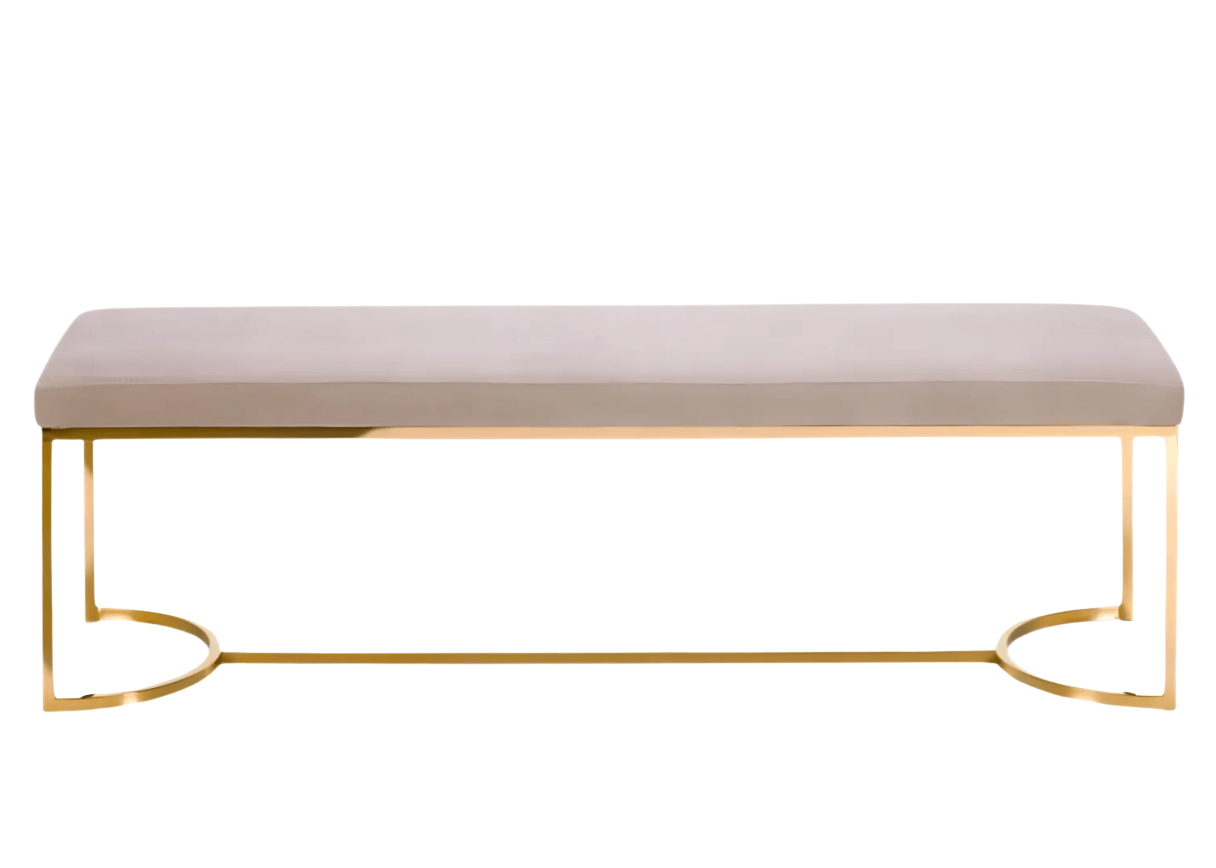 Recamier Sara em veludo bege claro com base em inox dourado. Design refinado para compor quartos, closets ou halls com elegância.
