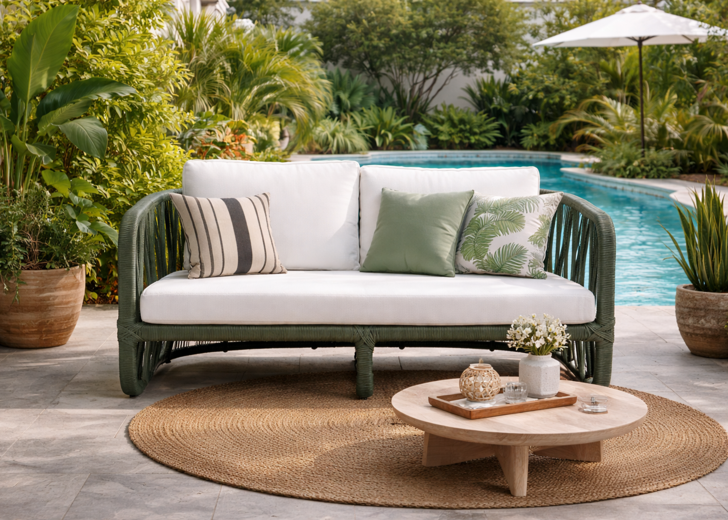 Sofá para área externa de dois e três lugares com base e detalhes em corda náutica modelo Emília. Móvel para uso externo.