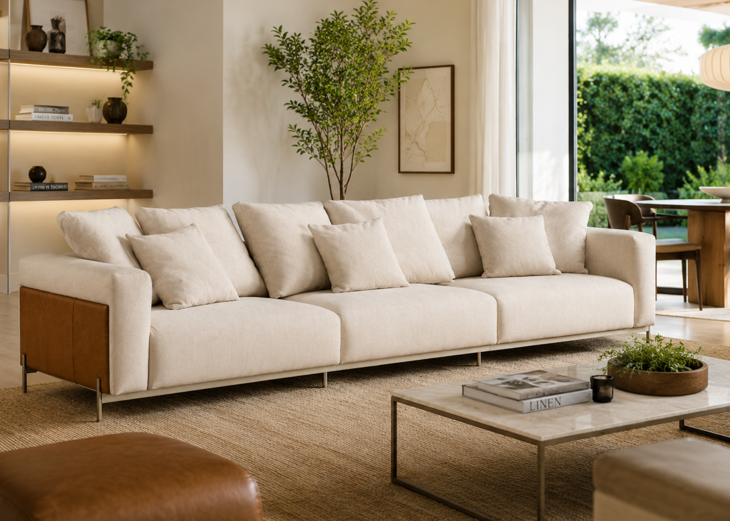 Sofá Adines em ambiente moderno, luxuoso e aconchegante, apresentando design sofisticado e confortável, ideal para compor espaços elegantes e acolhedores.