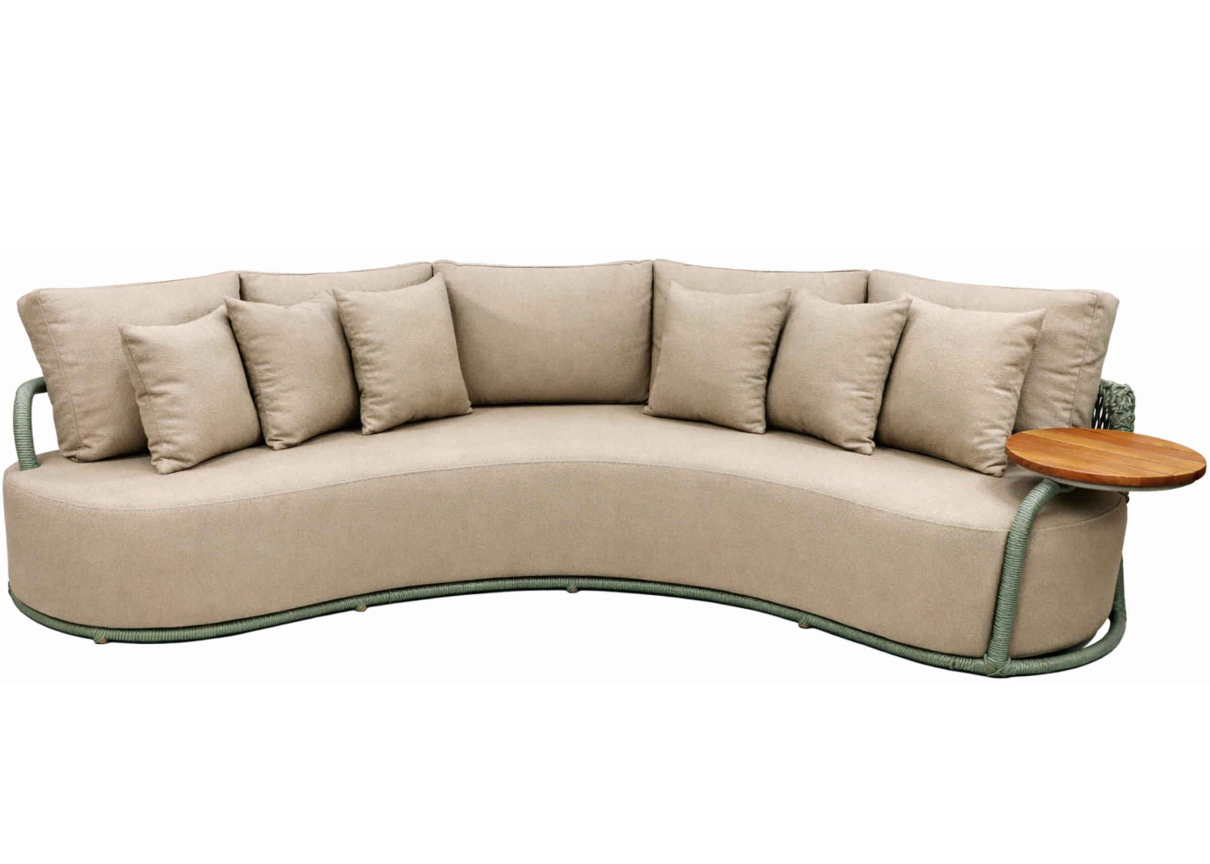 Sofá Albany com mesa lateral integrada, tampo em madeira cumaru e revestimento impermeável, ideal para áreas externas sofisticadas e funcionais.