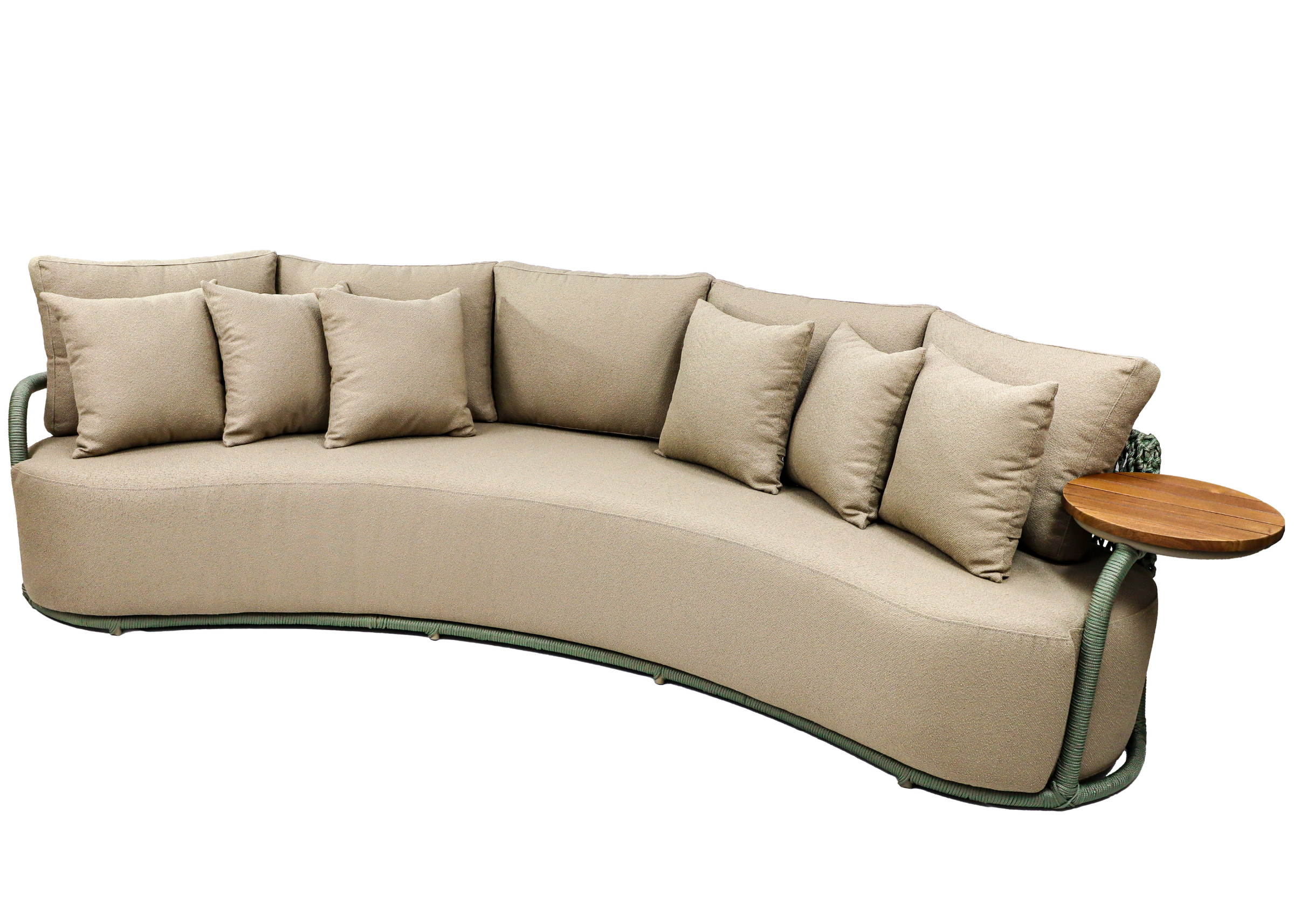 Sofá Albany com mesa acoplada e tampo em cumaru, revestimento impermeável e design sofisticado, ideal para espaços externos modernos.