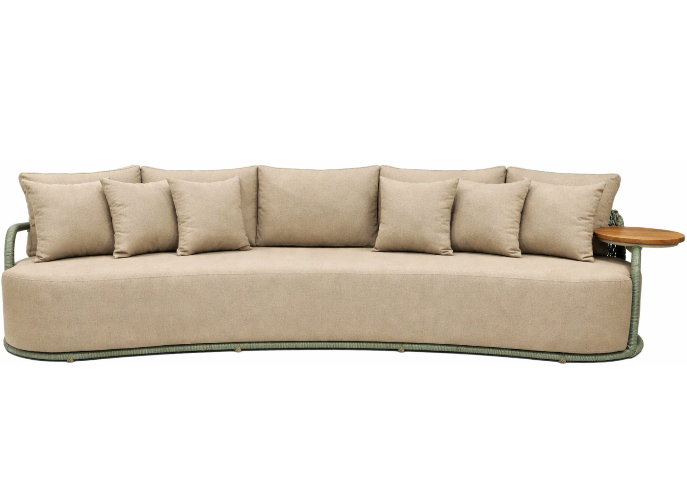 Sofá Albany em formato curvo com mesa lateral em madeira cumaru, perfeito para composições elegantes e contemporâneas.