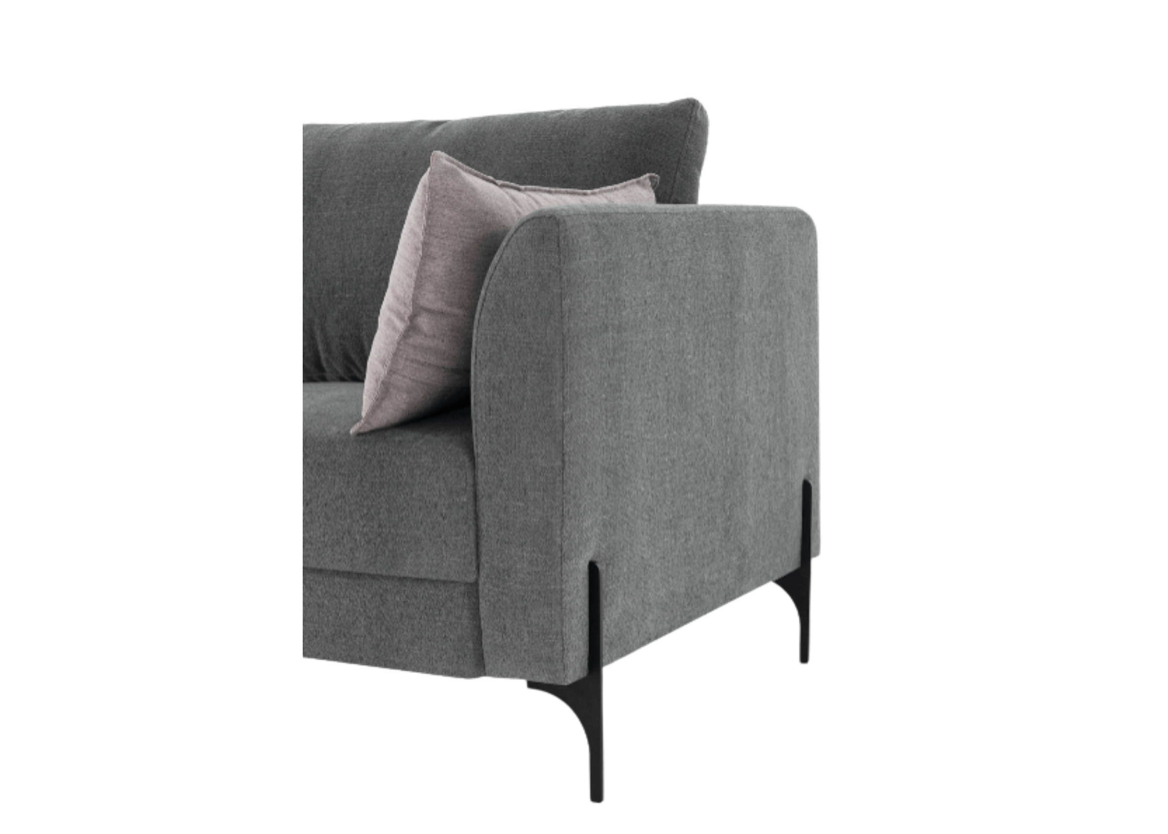 Sofá Alonso base em aço carbono preto, apresentando design sofisticado e moderno, ideal para compor ambientes elegantes e contemporâneos.