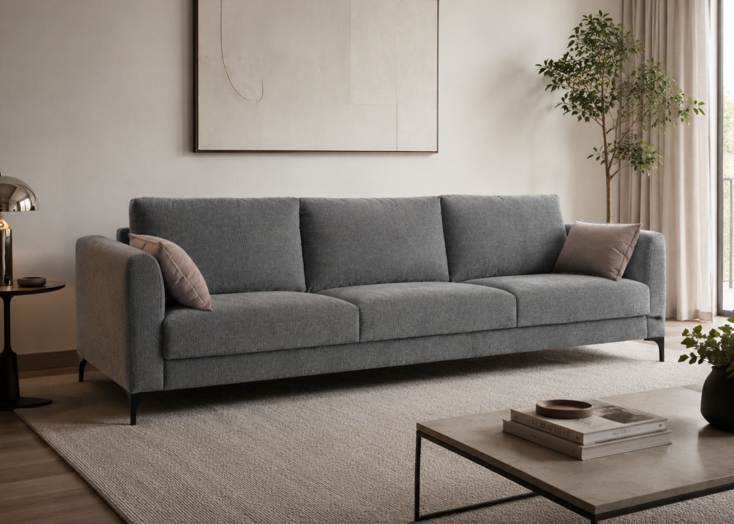 Sofá Alonso em sala de estar moderna com design sofisticado e confortável, ideal para compor ambientes elegantes e acolhedores.