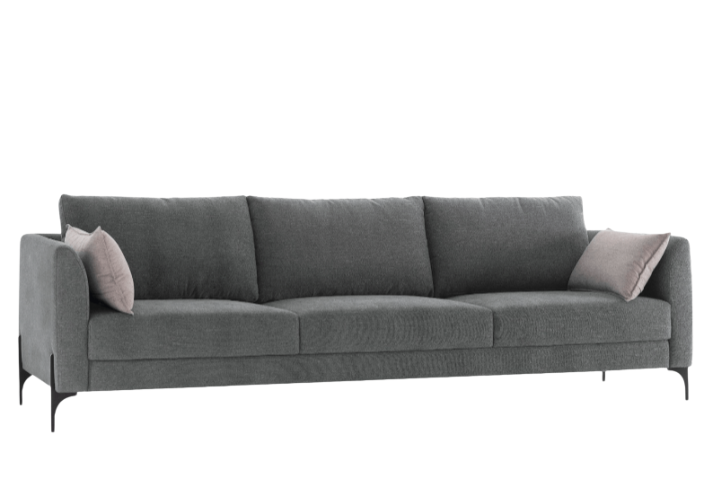 Sofá Alonso com revestimento cinza escuro, apresentando design confortável e sofisticado, ideal para compor ambientes modernos e elegantes.