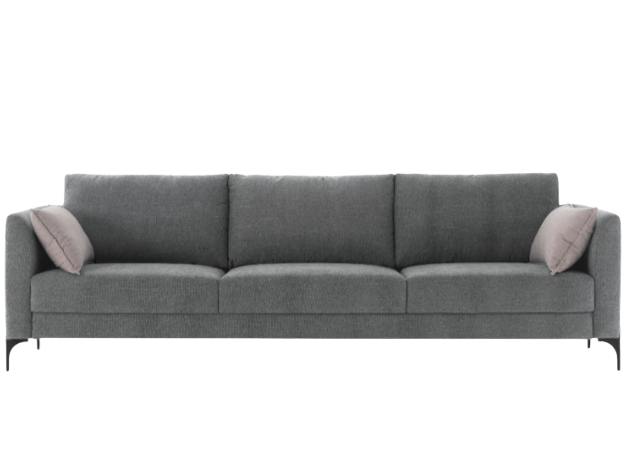 Sofá Alonso de três lugares fixo com estofado em suede cinza escuro, perfeito para ambientes modernos e sofisticados, oferecendo conforto e elegância.