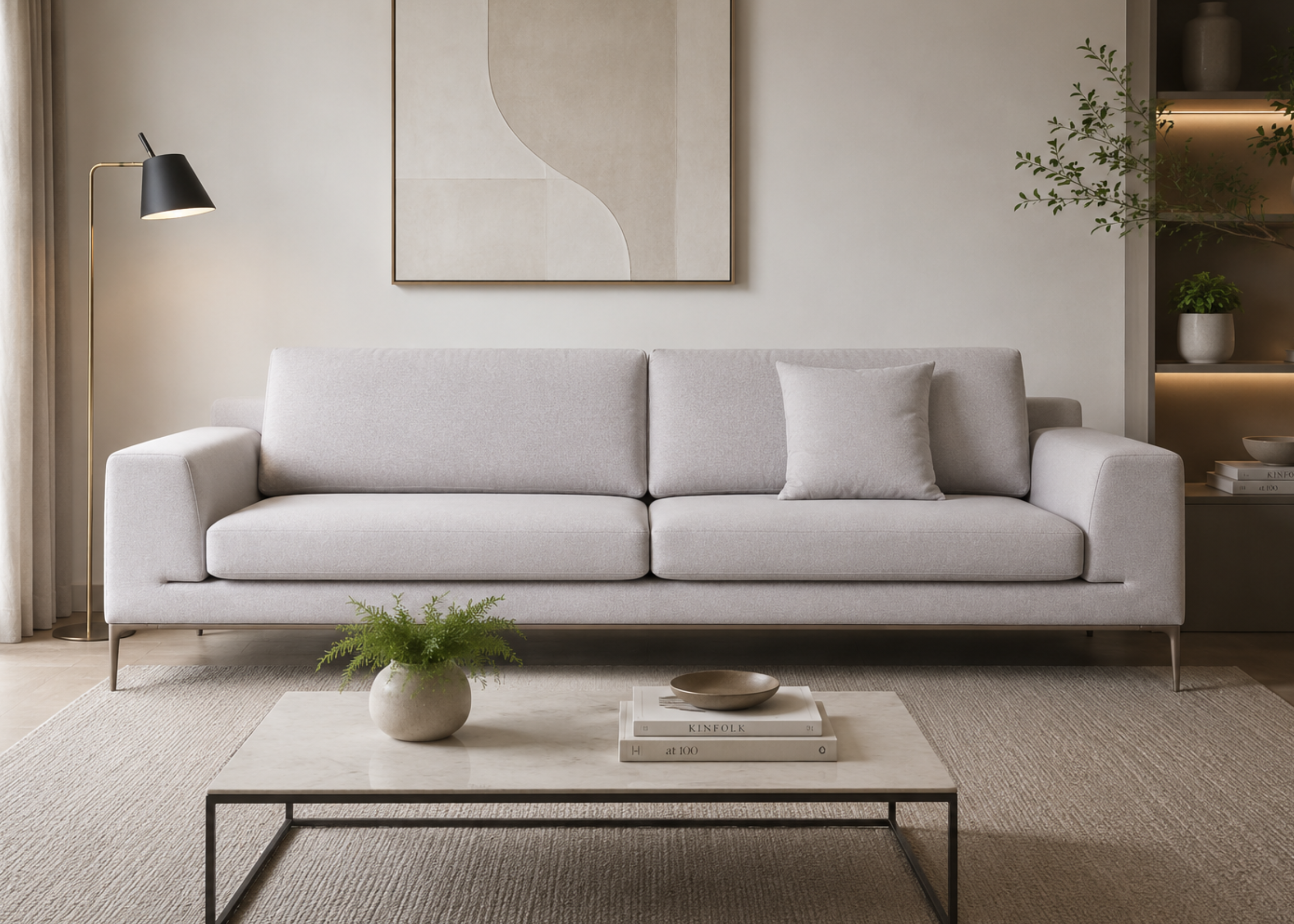 Sofá Apolo em sala de estar sofisticada e elegante, apresentando design moderno e confortável, ideal para compor ambientes refinados e acolhedores.