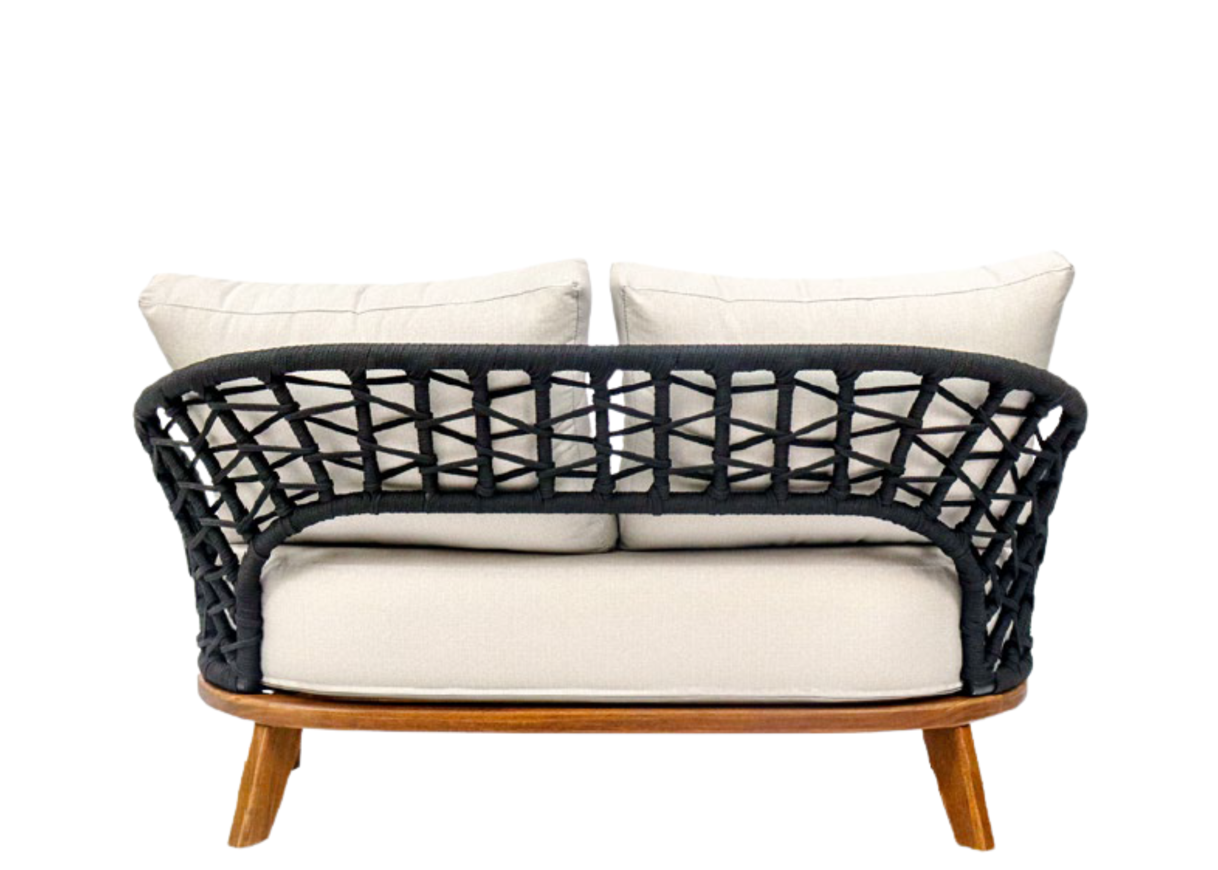 Sofá para área externa de dois lugares com base em madeira cumaru e revestimento impermeável modelo Ventania. Móvel para área externa.