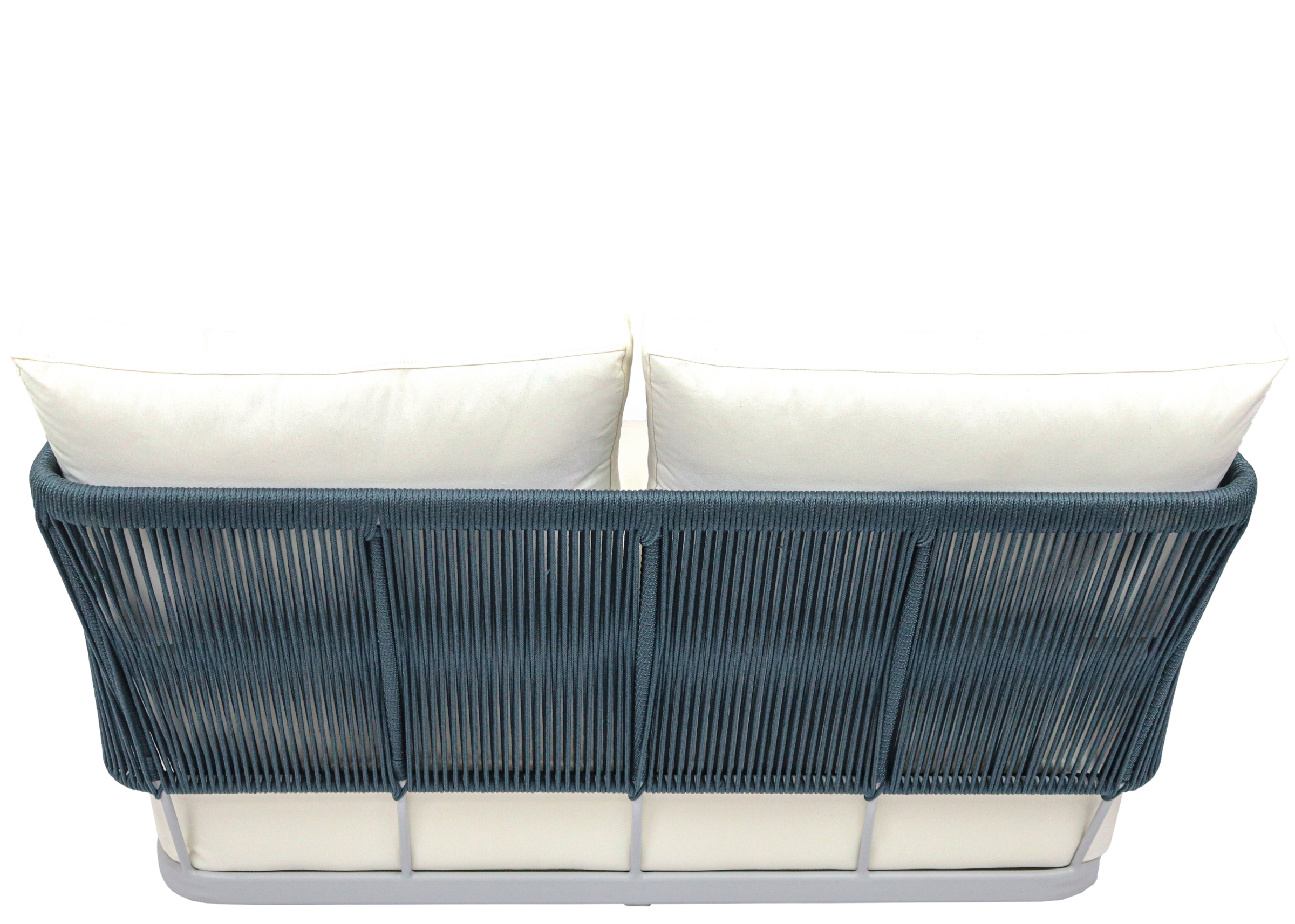 Sofá para área externa Maré, com estrutura em alumínio, corda náutica e revestimento impermeável, adequado para ambientes externos elegantes e funcionais.