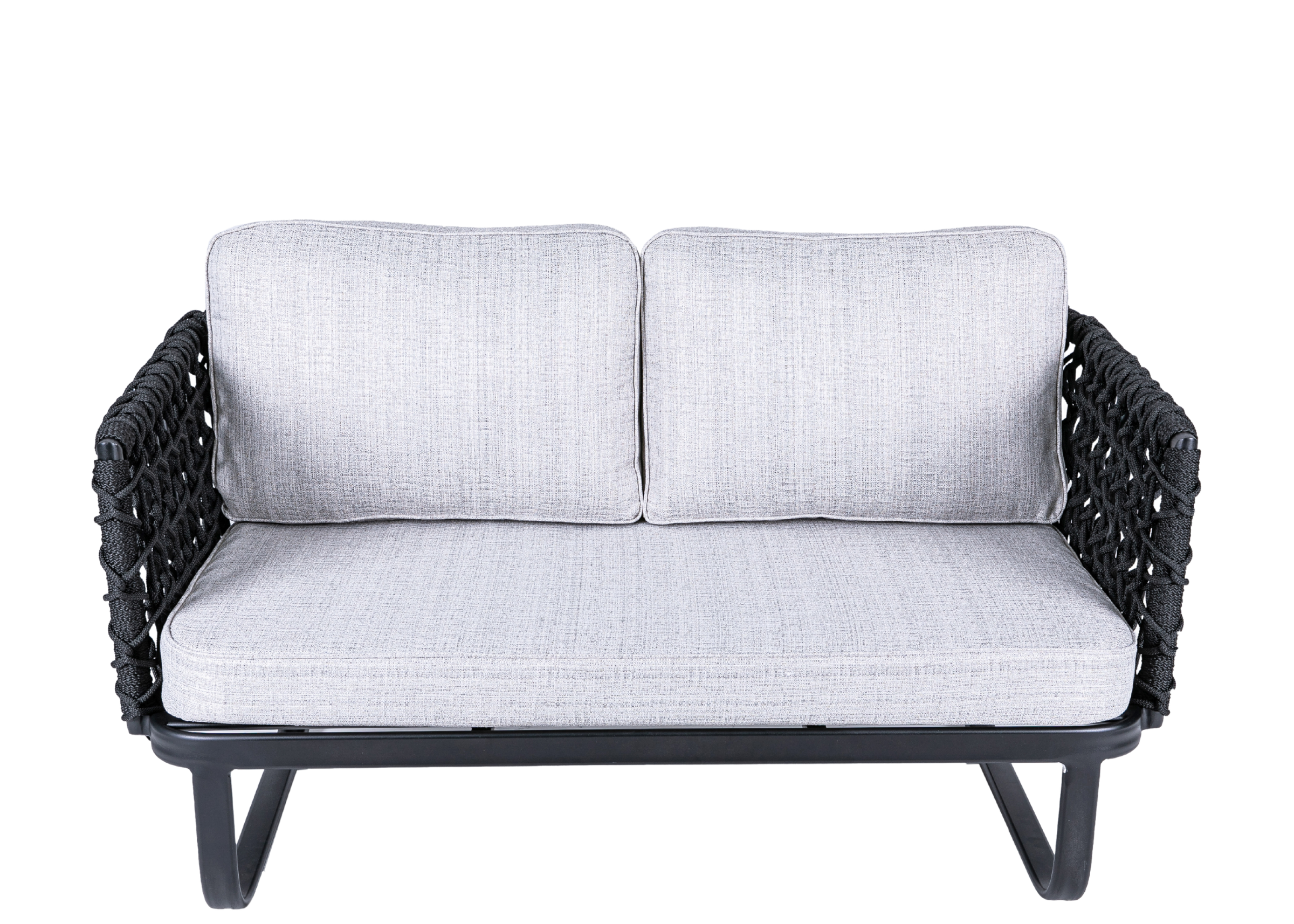 Sofá Terrace para área externa, com estrutura em alumínio pintado, revestimento em corda náutica e acabamento em linho cinza, ideal para ambientes externos sofisticados.