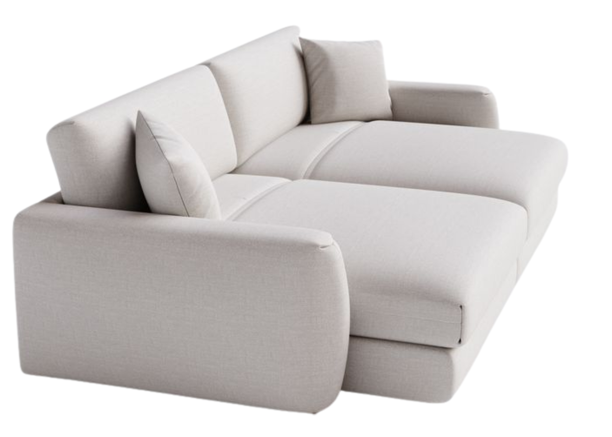 Sofá Aurum com assentos abertos e conforto extremo, apresentando design elegante e sofisticado, ideal para compor ambientes modernos e refinados.