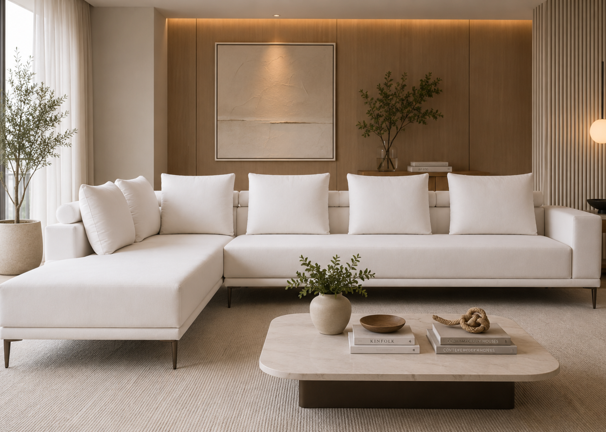 Sofá Beatriz em sala moderna com design sofisticado e elegante, ideal para compor ambientes acolhedores e refinados.
