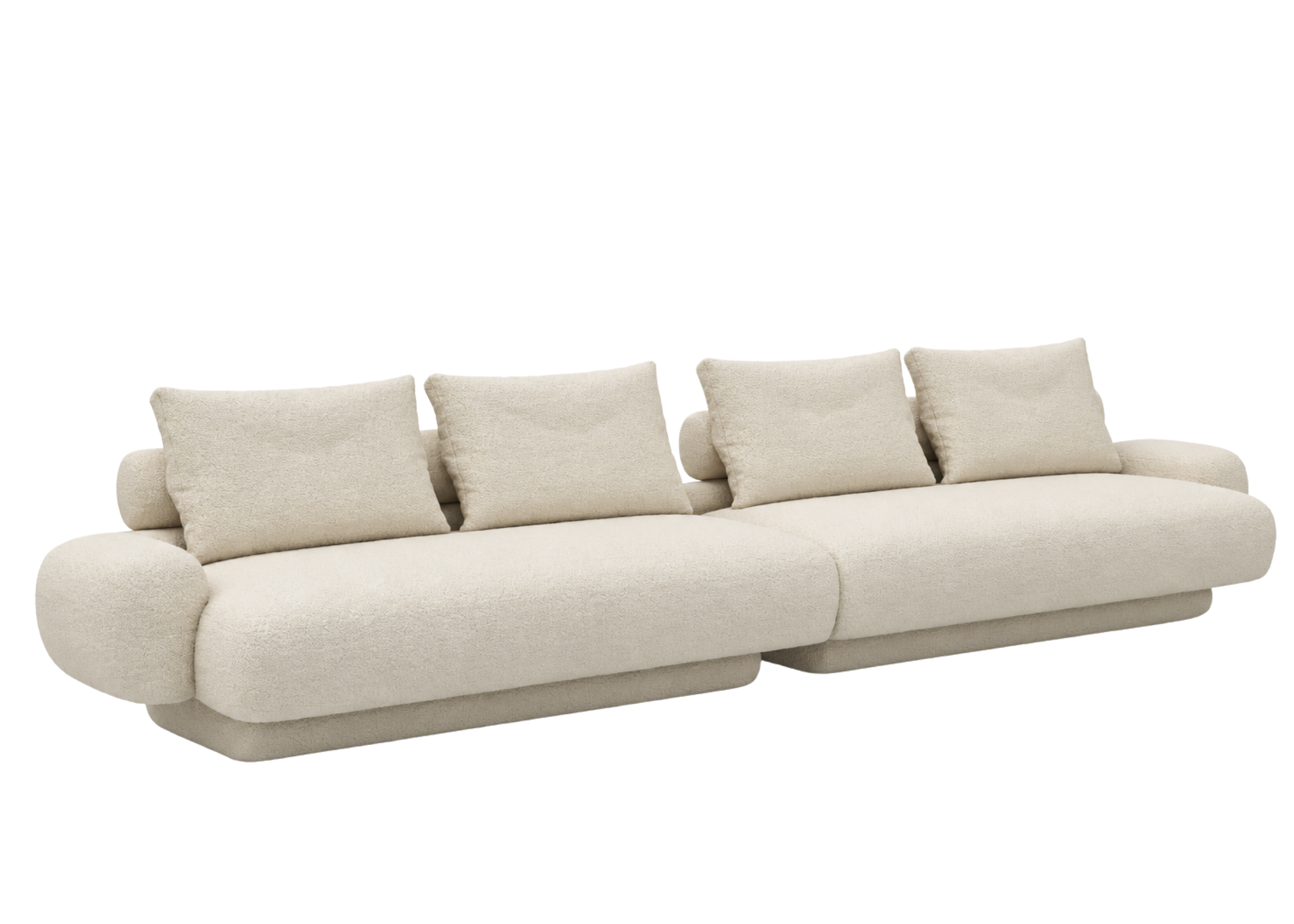 Sofá Casulo com revestimento em boucle off white, apresentando design moderno e sofisticado, ideal para compor ambientes elegantes e acolhedores.