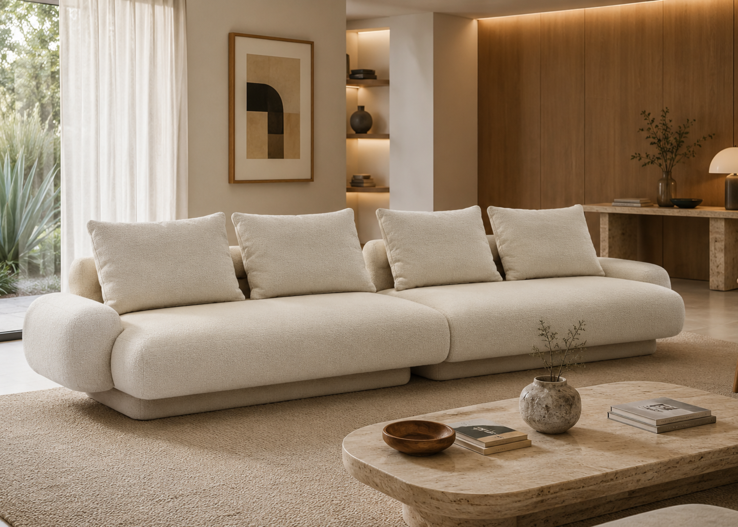 Sofá Casulo em sala elegante, moderna e sofisticada, apresentando design acolhedor e refinado, ideal para compor ambientes contemporâneos.