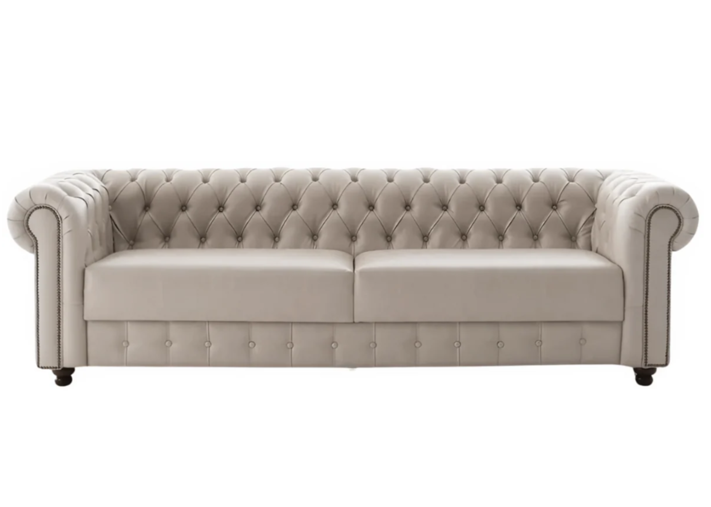 Sofá Chesterfield com design clássico, acabamento em capitonê e visual luxuoso, revestido em couro, vista frontal sobre fundo neutro. Peça atemporal para compor salas de estar refinadas e ambientes de alto padrão.