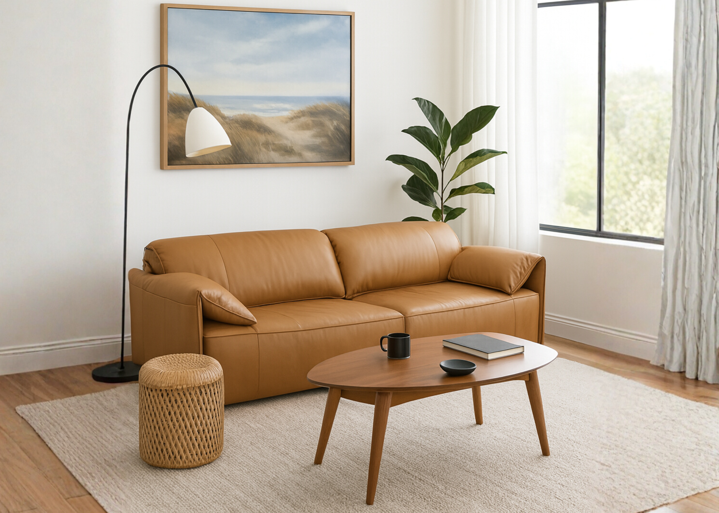 Sofá de dois lugares em couro natural marrom claro com design conforto, apresentado em sala de estar moderna aconchegante.