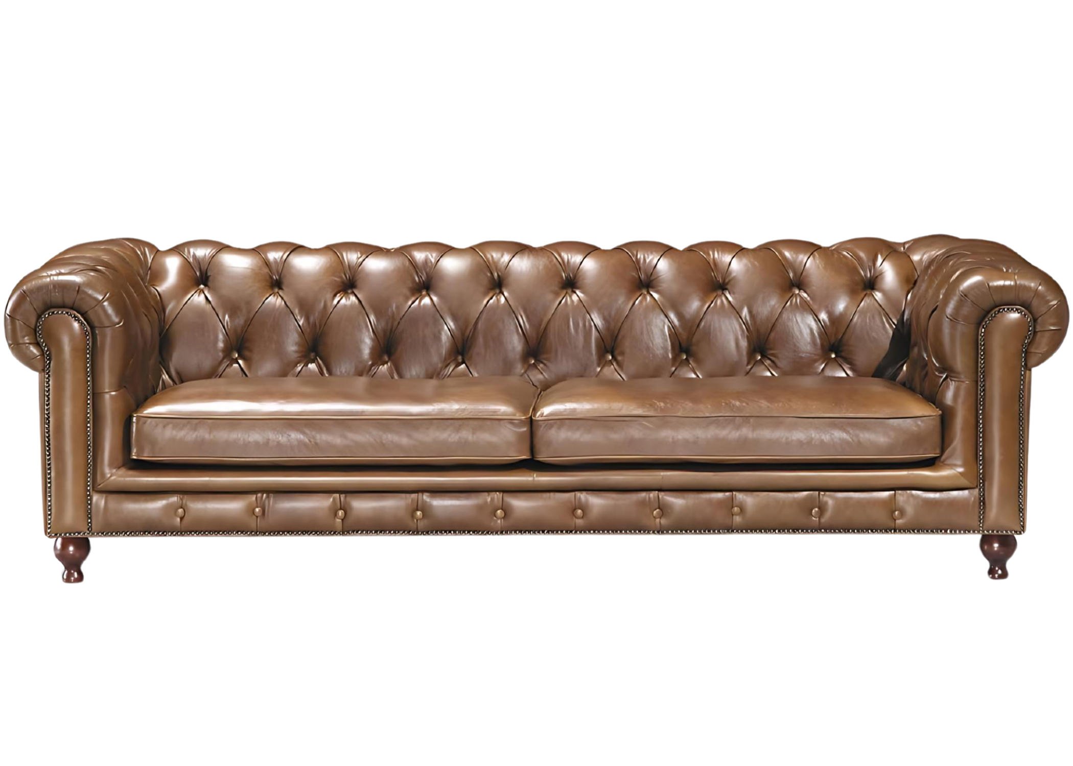 Sofá Medina de dois lugares em couro natural com detalhe capitonê, ideal para ambientes sofisticados. Design luxuoso e atemporal que combina conforto e elegância para salas de estar refinadas.
