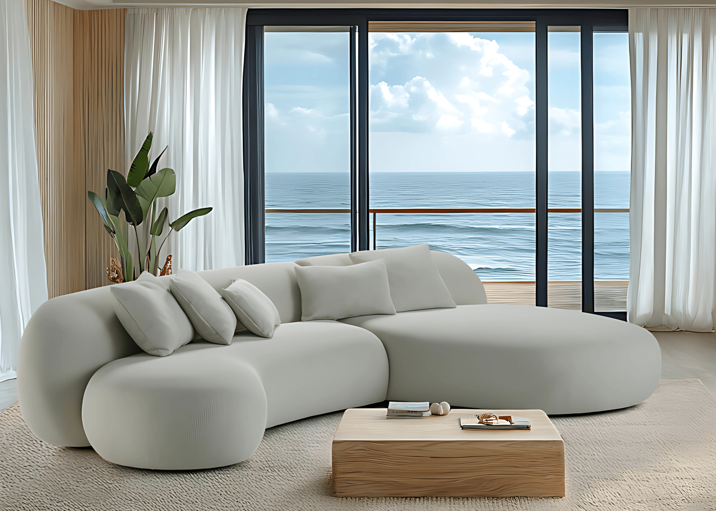 Sofá curvo Aurora com chaise em tecido claro, em ambiente luxuoso com detalhes elegantes. Móvel de alto padrão para salas de estar sofisticadas.