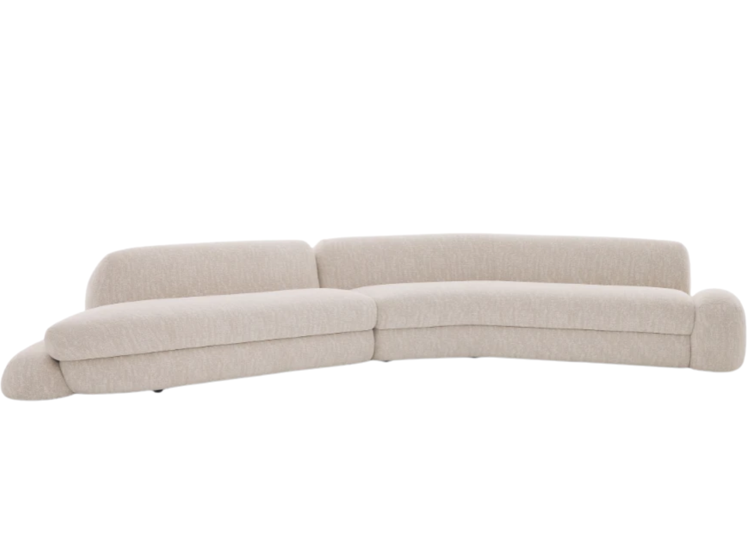 Sofá curvo Arko com revestimento off white, apresentando design moderno, sofisticado e confortável, ideal para compor ambientes elegantes e acolhedores.