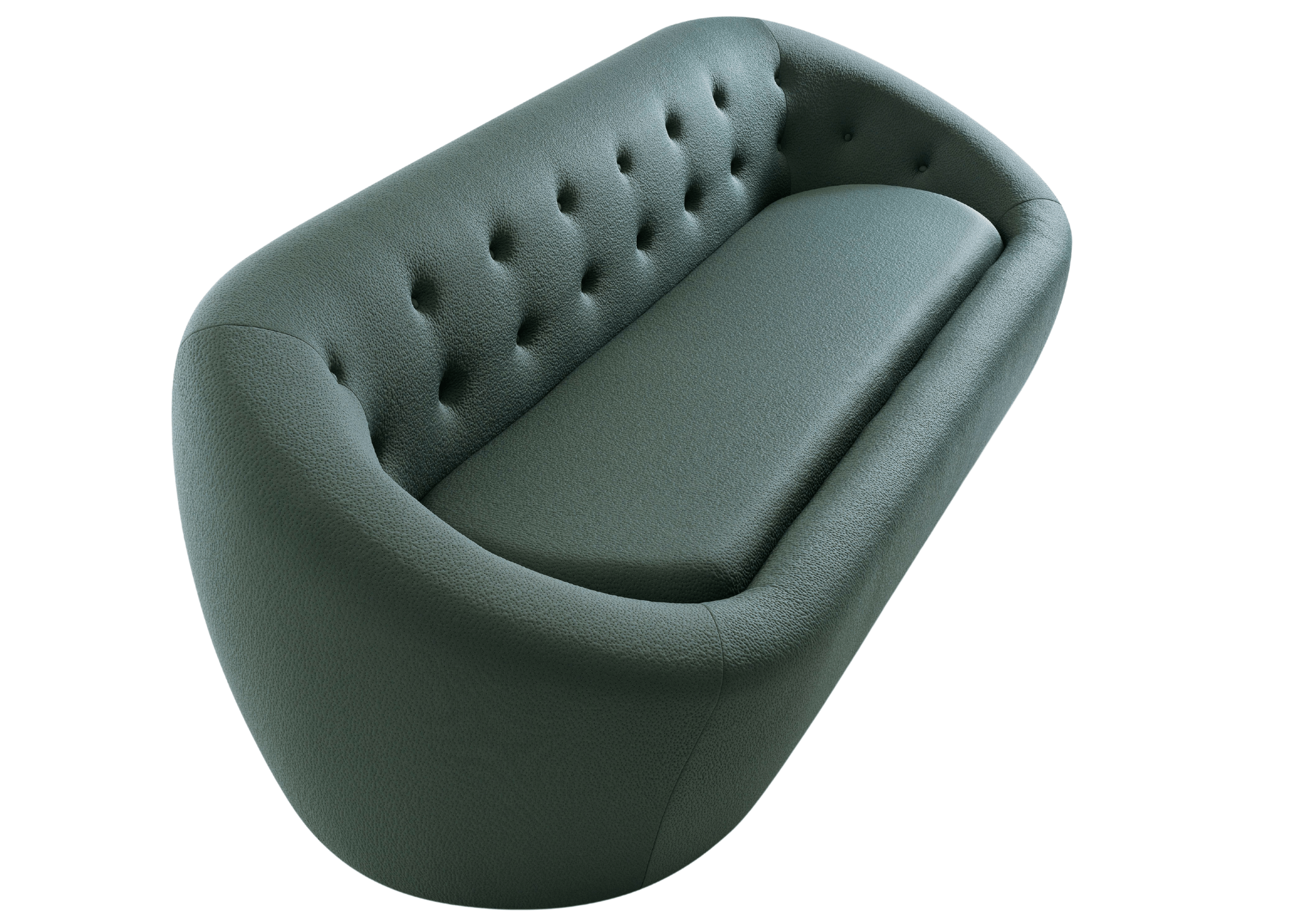 Sofá curvo Harmonia de 4 lugares em tecido bouclê verde, para sala de estar sofisticada. Móvel contemporâneo com design acolhedor e elegante.