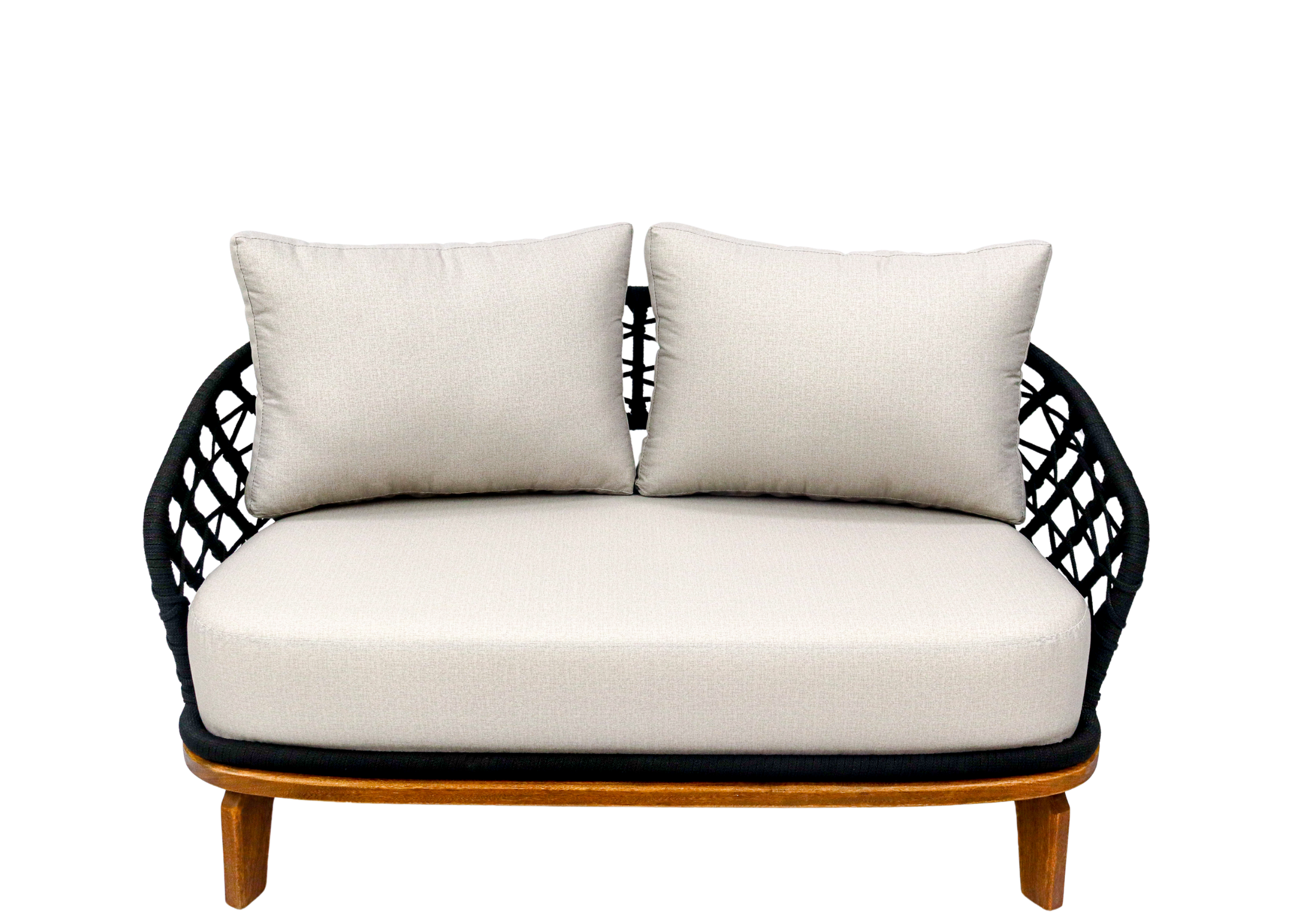 Sofá de dois lugares para área externa modelo Ventania com corda náutica e base em madeira cumaru. Móvel para área externa.