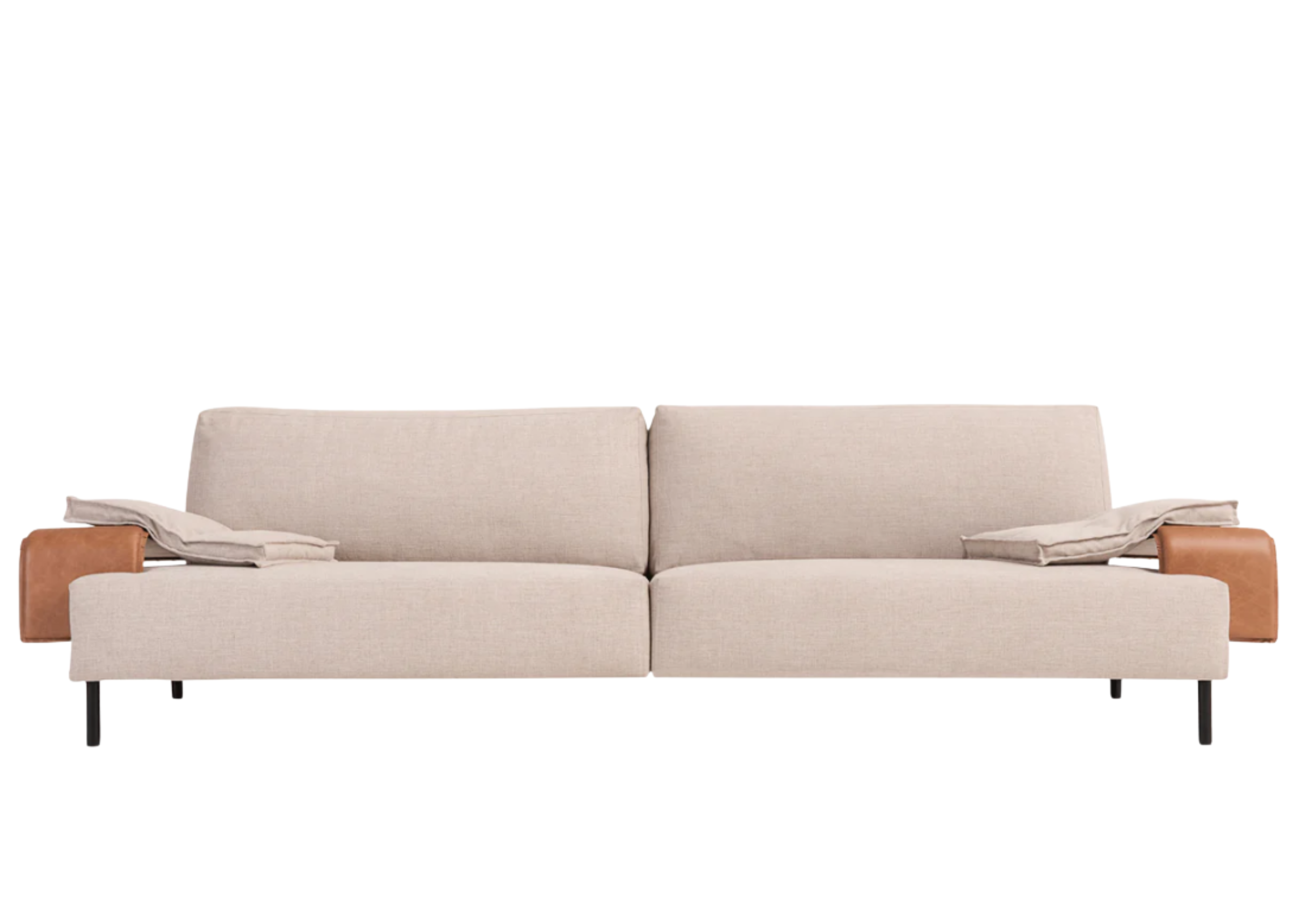 Sofá Donald de dois lugares com braços em couríssimo, apresentando design elegante e sofisticado, ideal para compor ambientes modernos e acolhedores.
