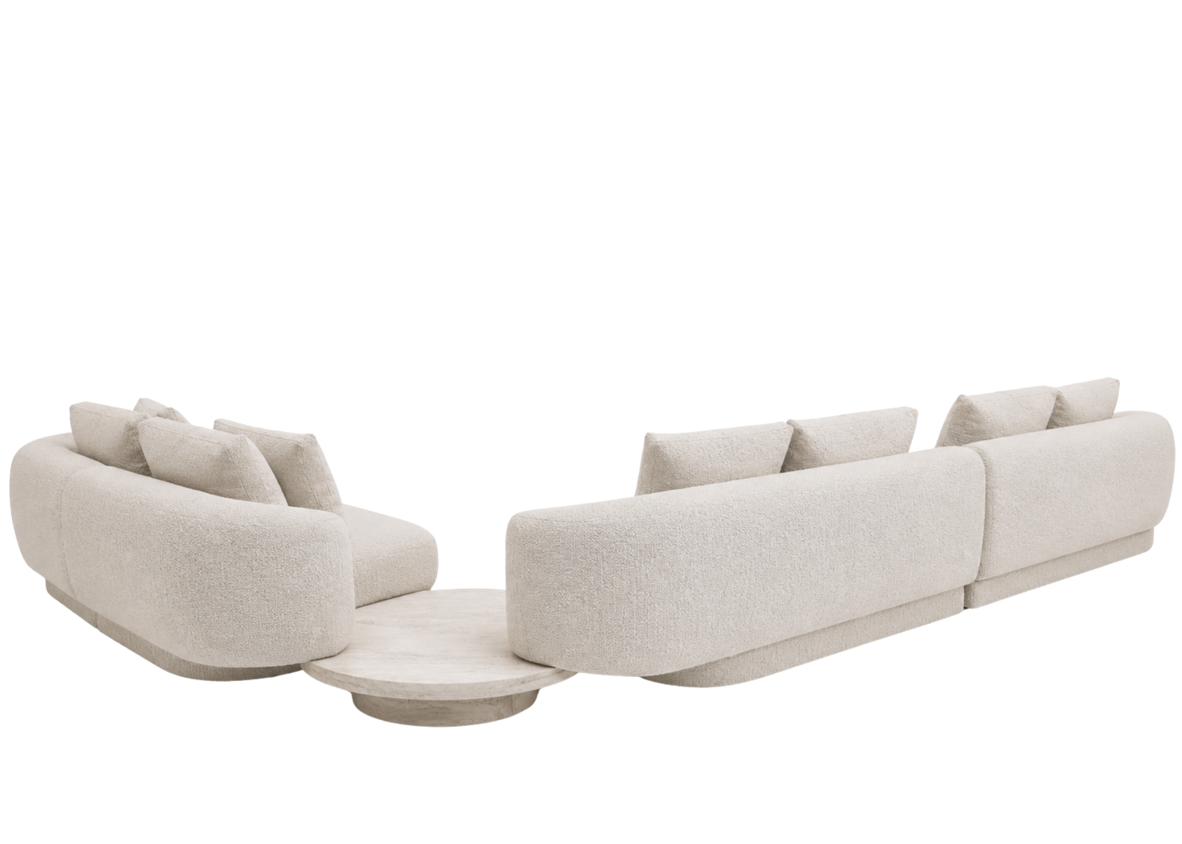 Sofá Élle com mesa de canto integrada e tampo em mármore, apresentando design sofisticado e elegante, ideal para compor ambientes modernos e refinados.