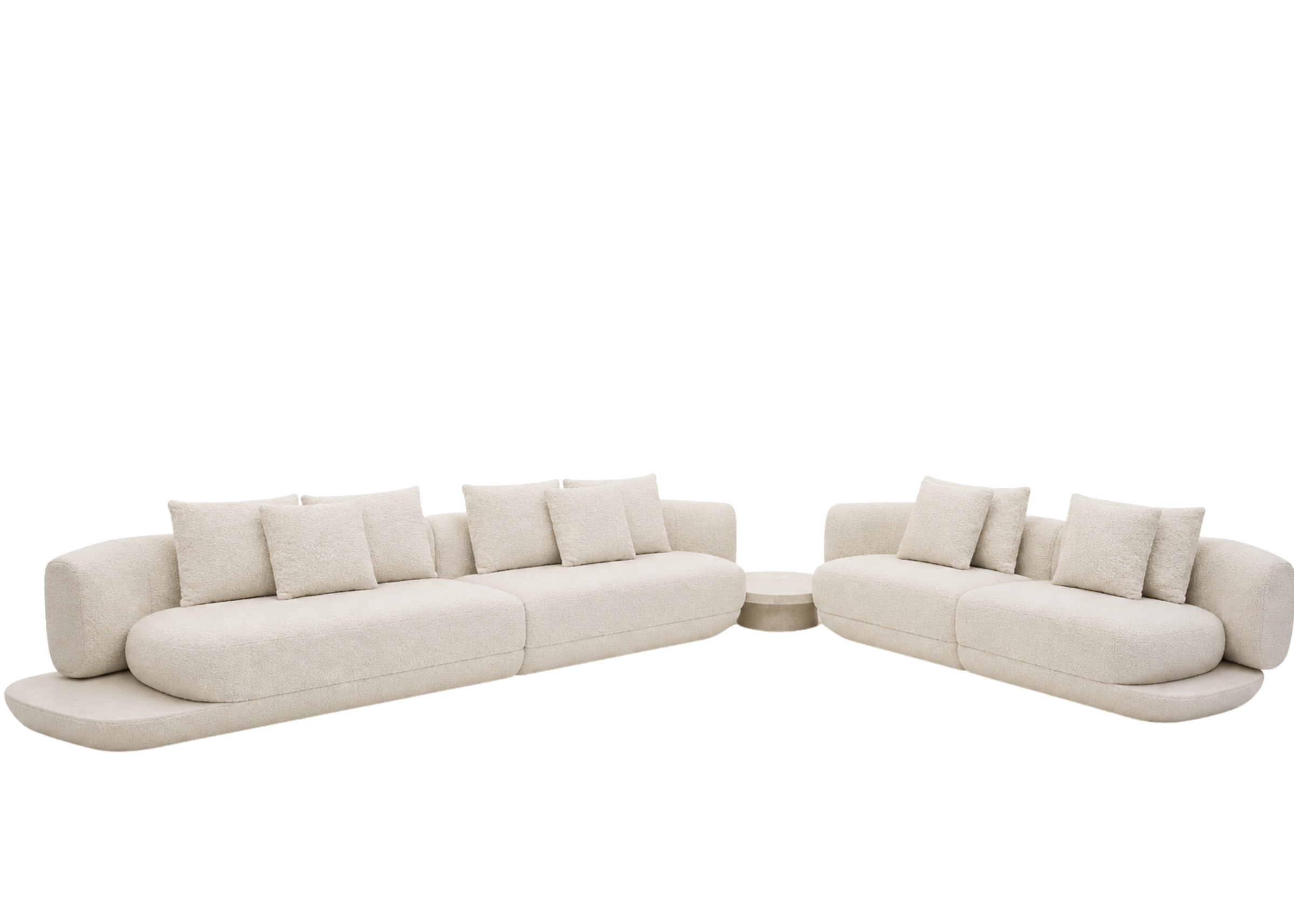 Sofá Élle com revestimento off white, apresentando design moderno e sofisticado, ideal para compor ambientes elegantes e acolhedores.