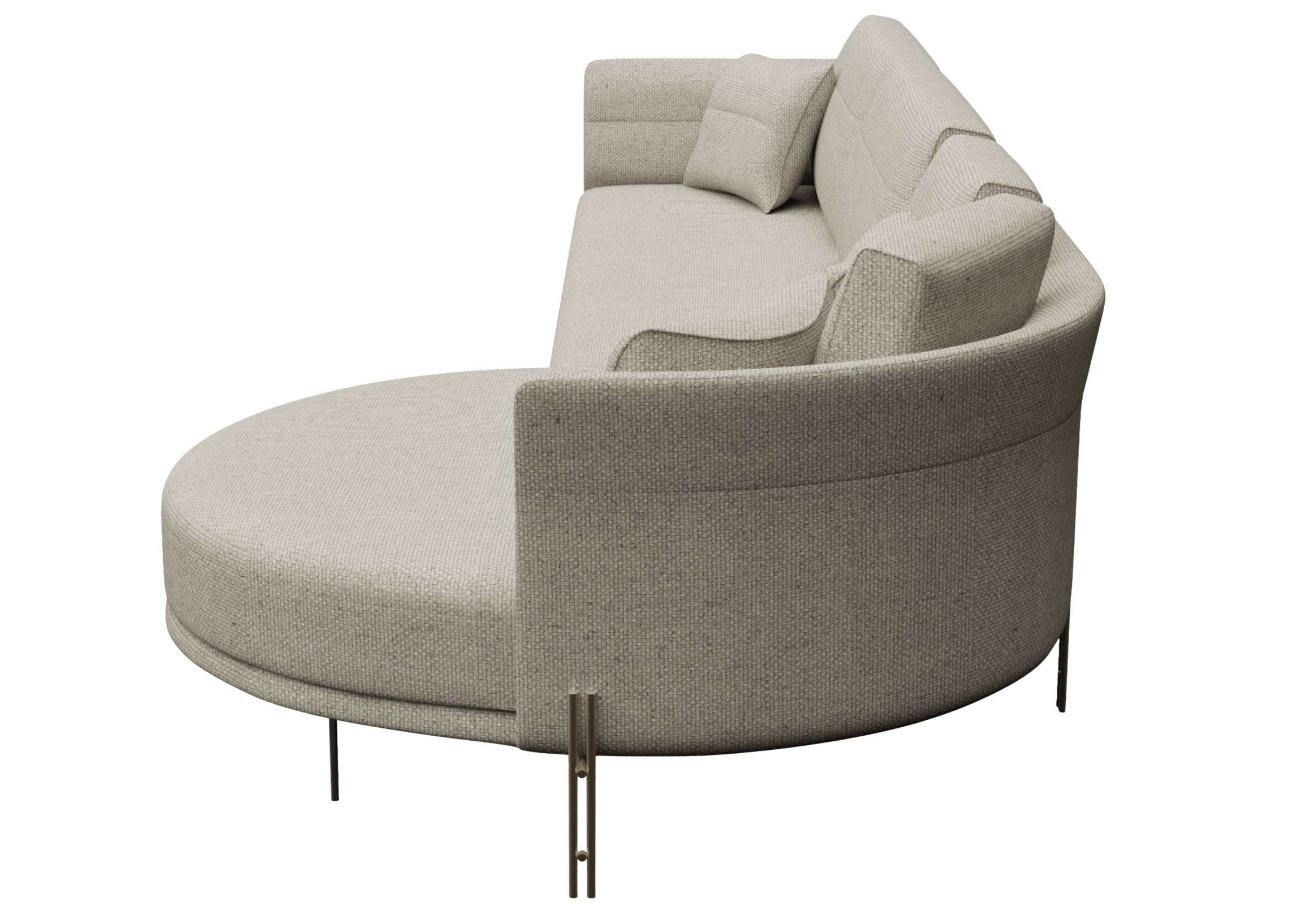 Sofá fixo modelo Domme com chaise, quatro lugares e revestimento em linho de aspecto luxuoso. Design contemporâneo e elegante, ideal para salas de estar sofisticadas, apresentado sobre fundo neutro.
