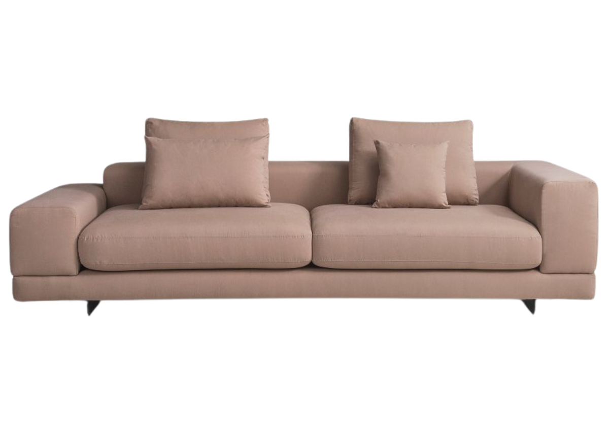 Sofá fixo marrom de dois lugares, com estofado confortável e linhas simples, vista frontal sobre fundo neutro. Móvel funcional e elegante, ideal para salas de estar ou espaços compactos.