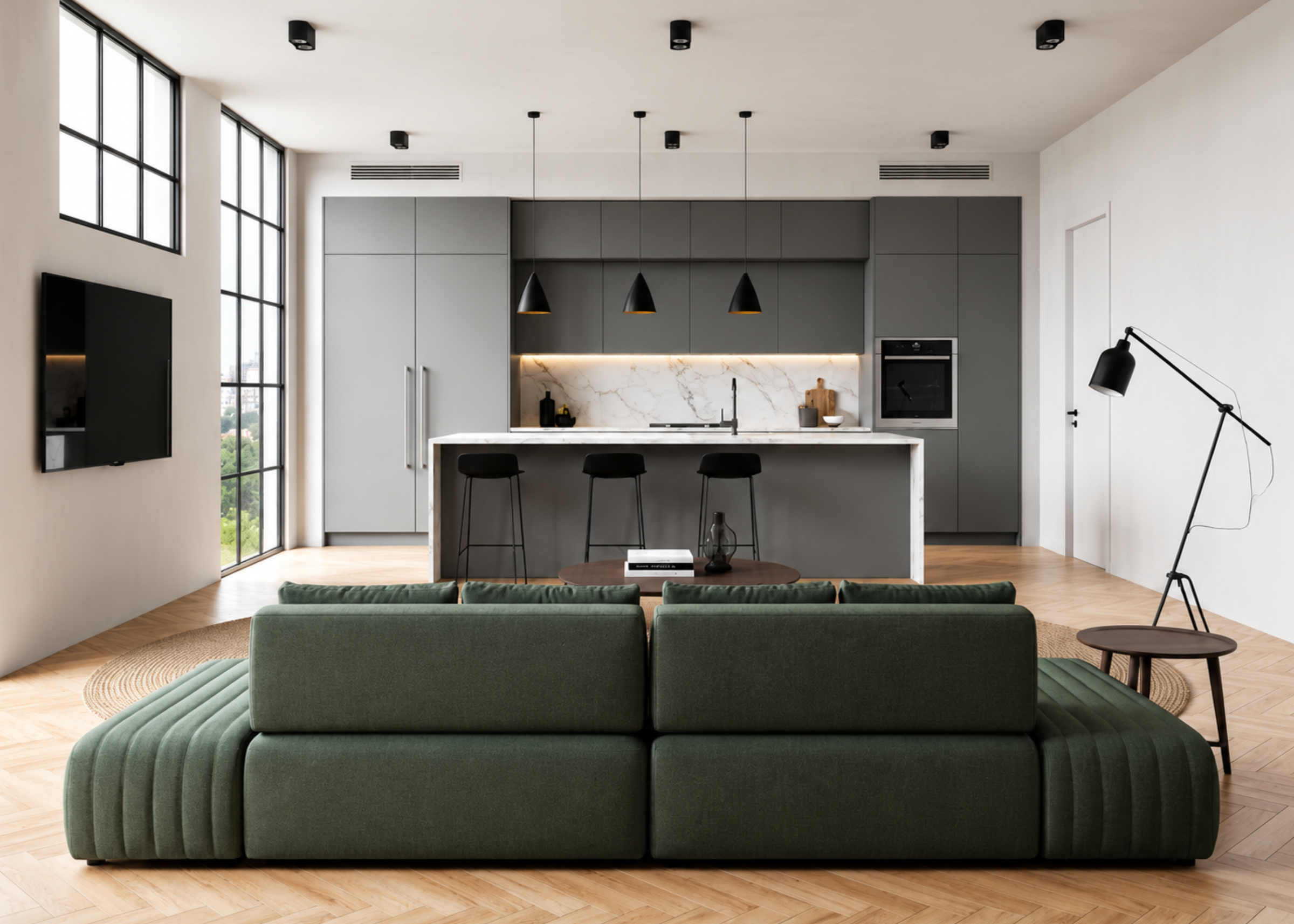 Sofá Ilha Ema em ambiente moderno e sofisticado, apresentando design elegante e confortável, ideal para compor espaços contemporâneos e acolhedores.
