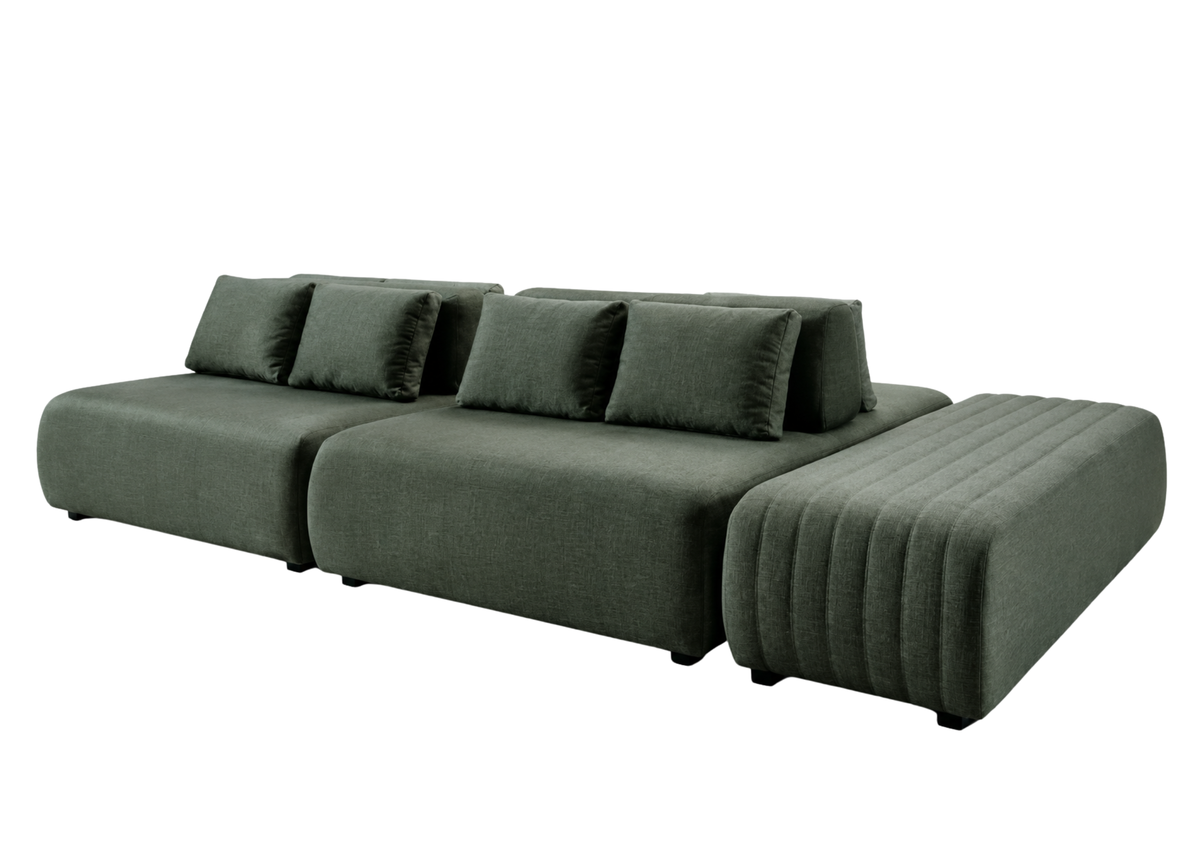 Sofá Ilha Ema com revestimento verde militar, apresentando design elegante e sofisticado, ideal para compor ambientes modernos e acolhedores.
