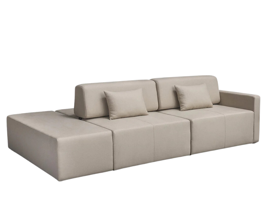 Sofá Ilha Estofado Hector com puff lateral e encosto ajustável. Sofá moderno em tecido personalizado para salas acolhedoras e versáteis.