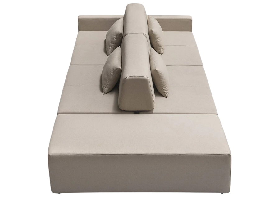 Sofá Ilha Estofado Hector com encosto ajustável para os dois lados e puff lateral. Sofá estofado moderno que combina conforto e praticidade.