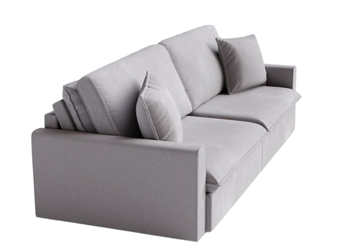 Sofá Lumier com revestimento em bouclé cinza, proporcionando conforto e apresentando design elegante e sofisticado, ideal para compor ambientes modernos e refinados.