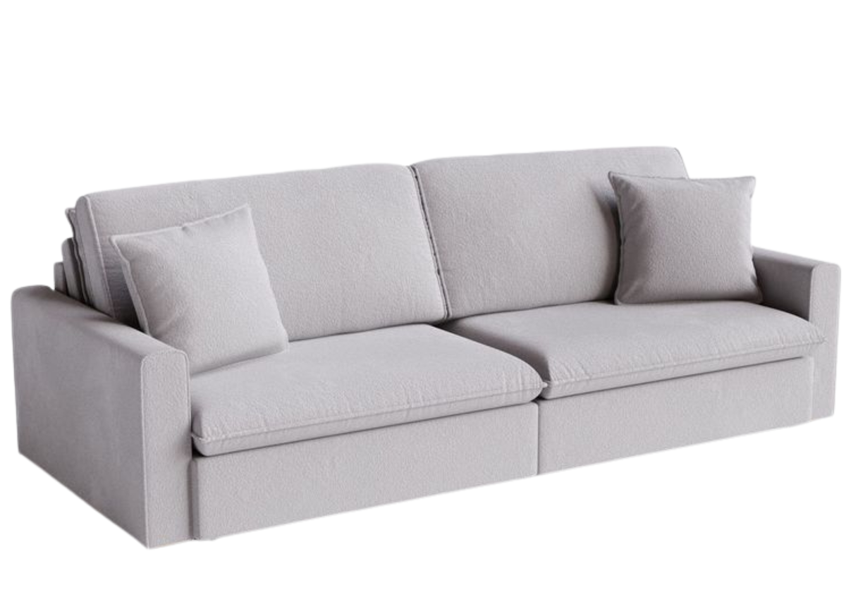 Sofá Lumier com revestimento cinza e dois módulos, proporcionando conforto e apresentando design elegante e sofisticado, ideal para compor ambientes modernos e refinados.