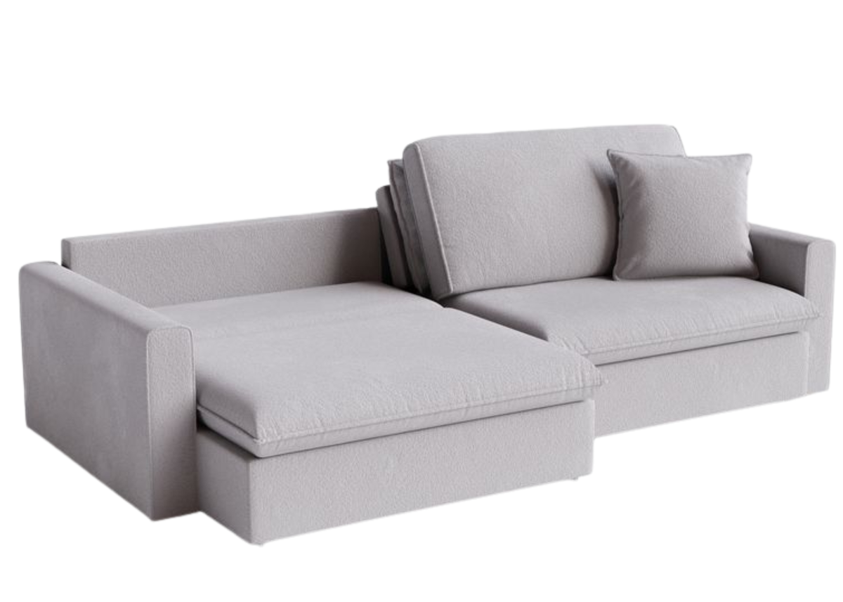 Sofá Lumier com amplo espaço e revestimento cinza, apresentando design elegante e sofisticado, ideal para compor ambientes modernos, confortáveis e refinados.