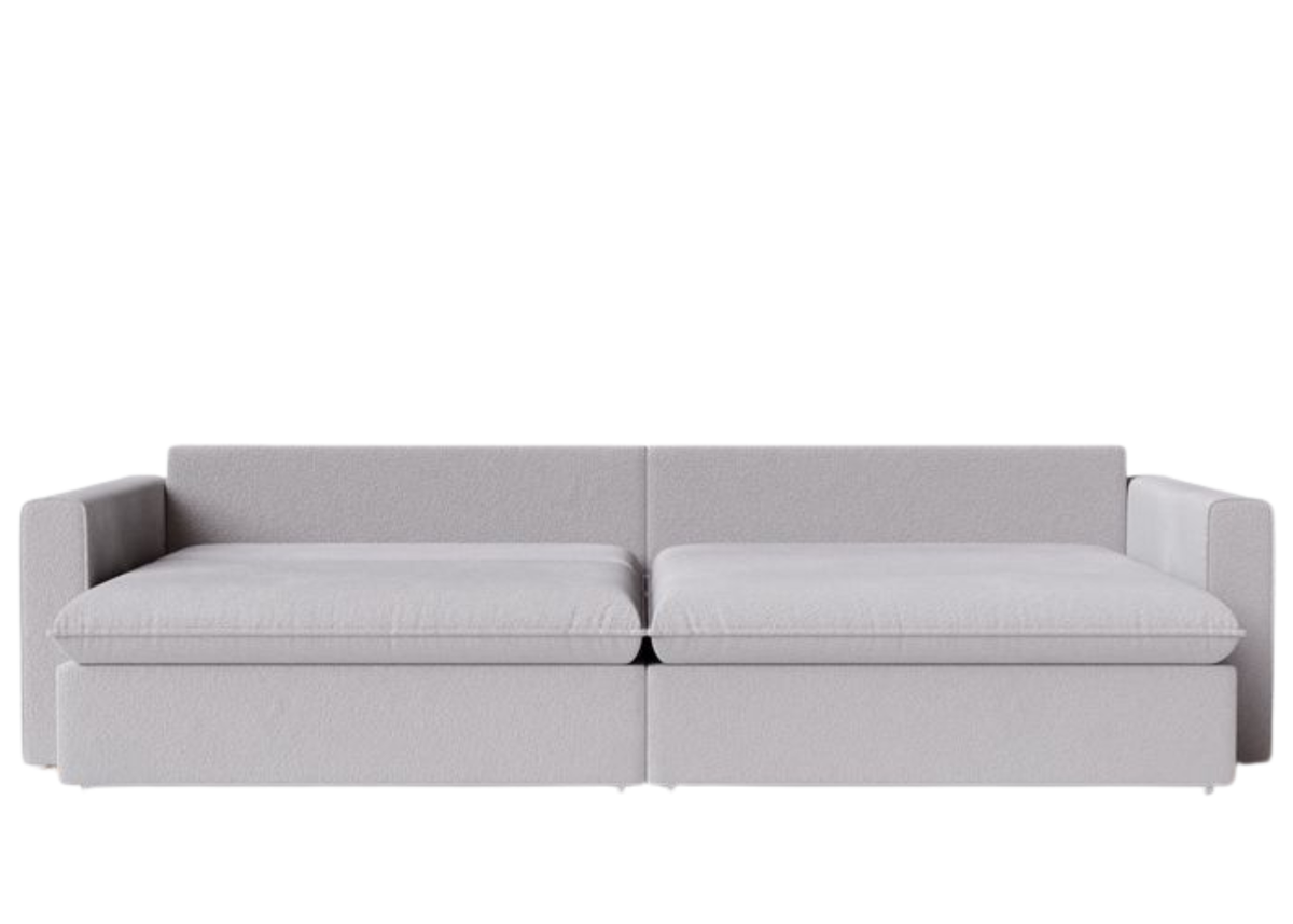Sofá Lumier totalmente reclinável com revestimento em bouclé cinza, proporcionando conforto e apresentando design elegante e sofisticado, ideal para ambientes modernos e refinados.