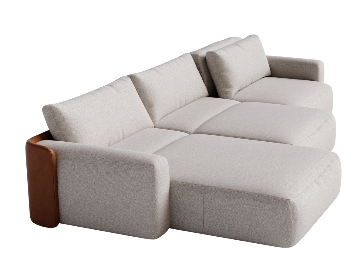 Sofá Lunaris com revestimento em tecido de linho, proporcionando conforto e sofisticação, com design elegante ideal para compor salas de estar modernas e refinadas.