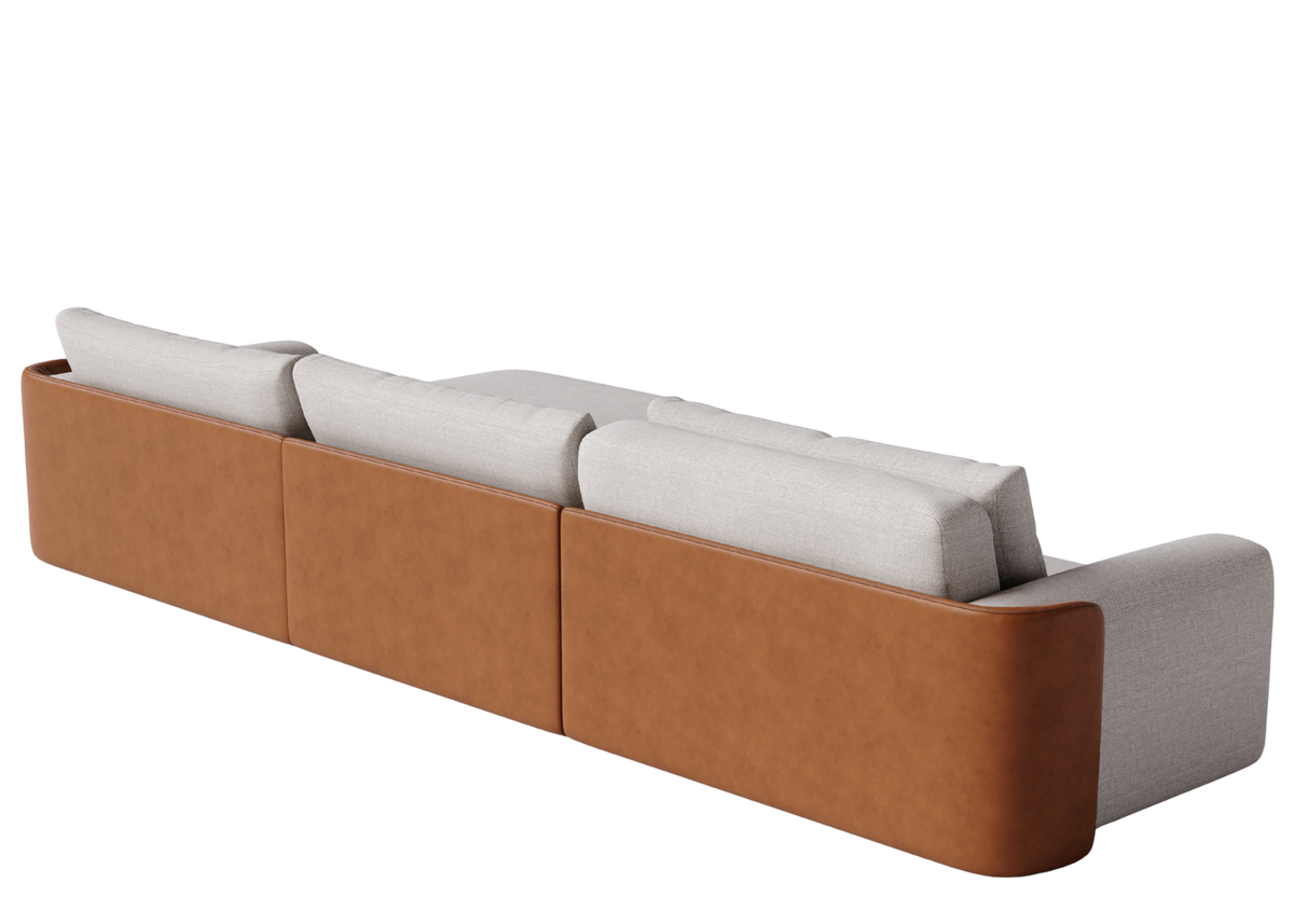 Sofá Lunaris com detalhe das costas, almofadas e encosto, apresentando design elegante e sofisticado, ideal para compor ambientes modernos com conforto e requinte.
