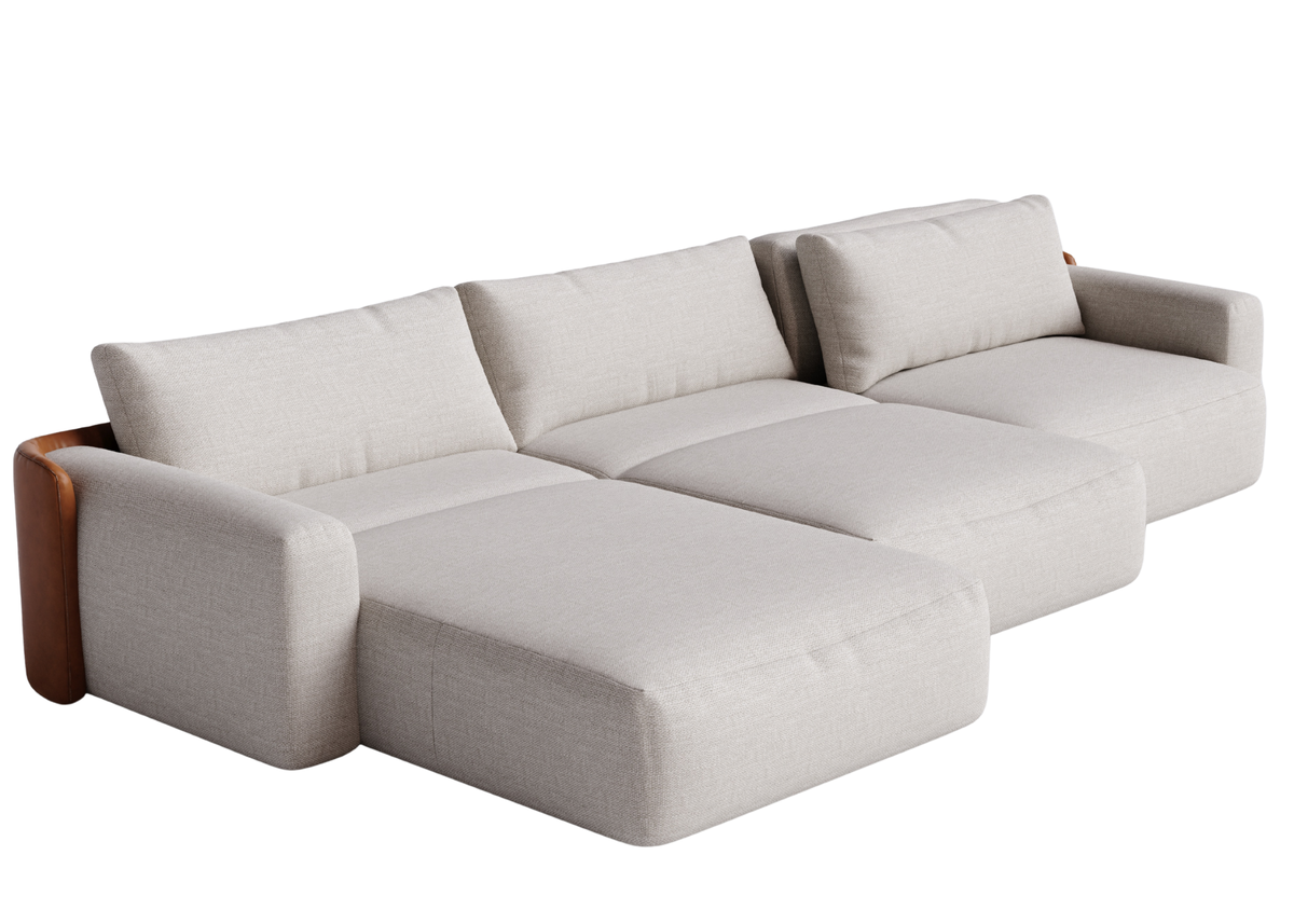 Sofá Lunaris com opção de chaise, apresentando design elegante e sofisticado, ideal para compor salas de estar modernas, confortáveis e refinadas.
