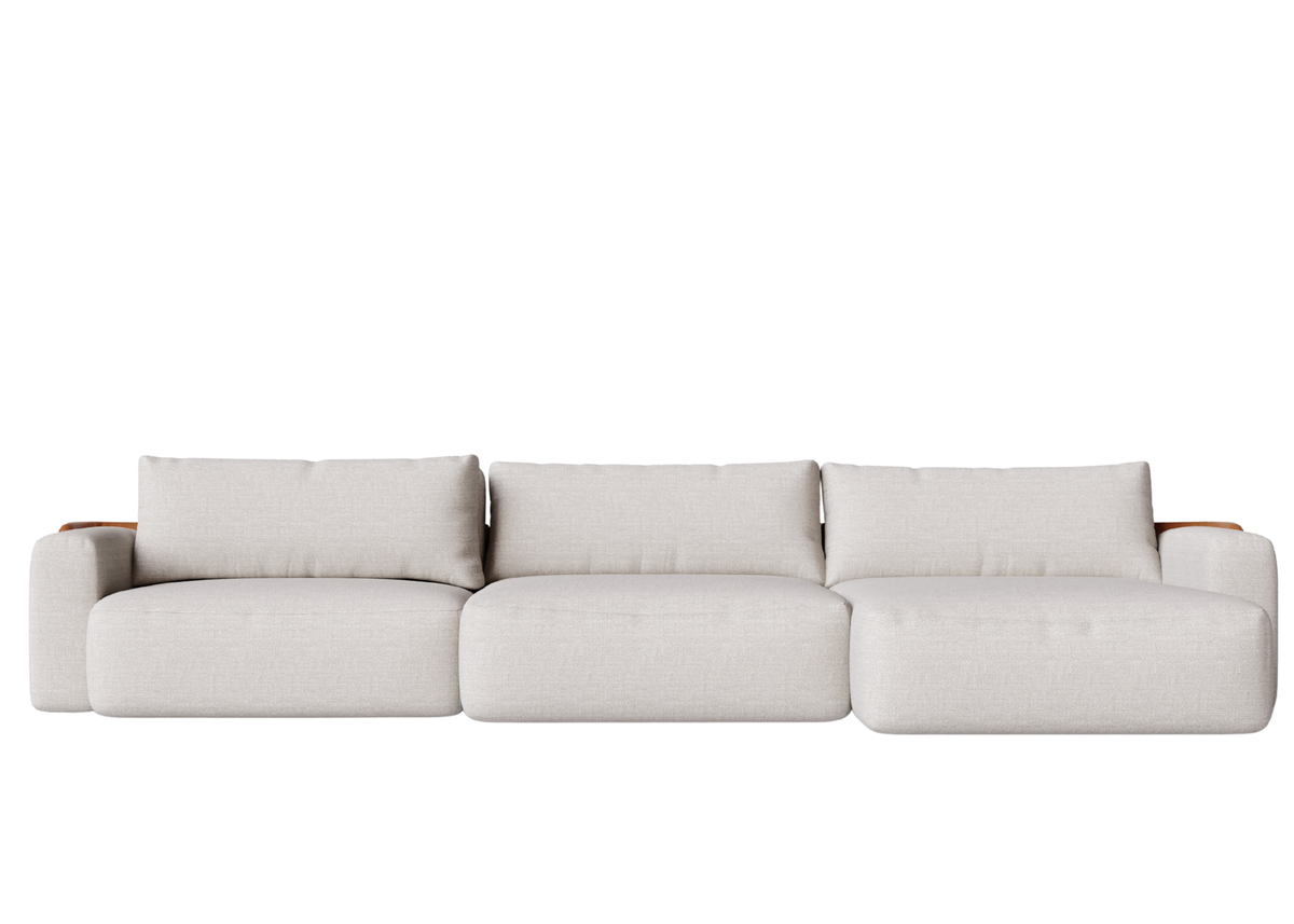 Sofá Lunaris com revestimento em linho, apresentando design elegante e sofisticado, ideal para compor salas de estar modernas, confortáveis e refinadas.