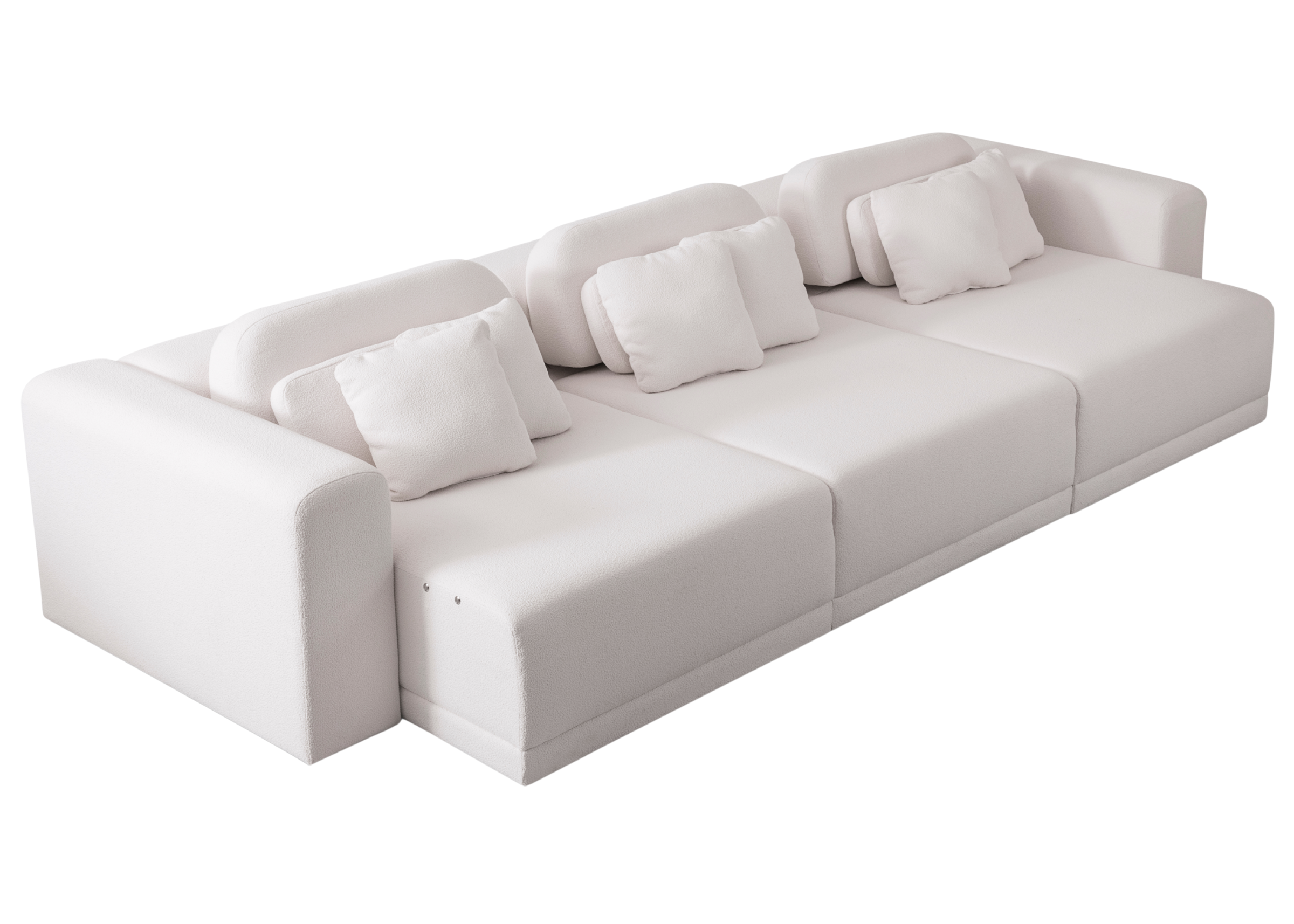 Sofá modelo Nice com sistema retrátil e reclinável, revestido em tecido claro. Peça funcional e elegante, ideal para ambientes modernos, apresentada sobre fundo neutro.