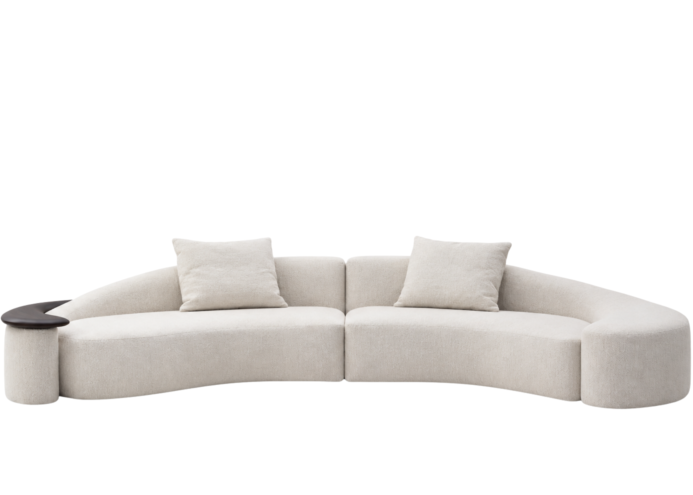 Sofá Nautilus com revestimento off white e braço com mesa integrada, apresentando design elegante e sofisticado, ideal para compor ambientes modernos e refinados.